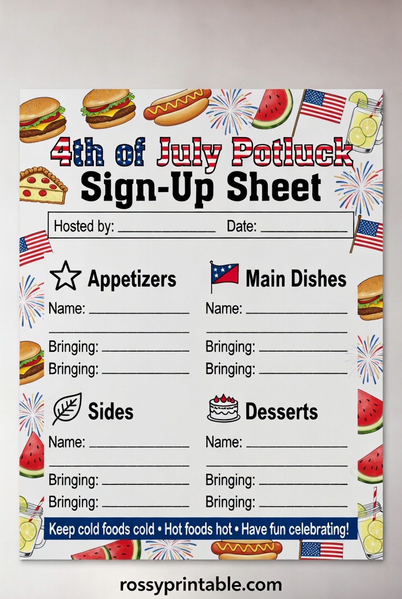 Printable 4th of July Potluck Sign Up Sheet 4 Printable 4th of July Potluck Sign-Up Sheet (4)