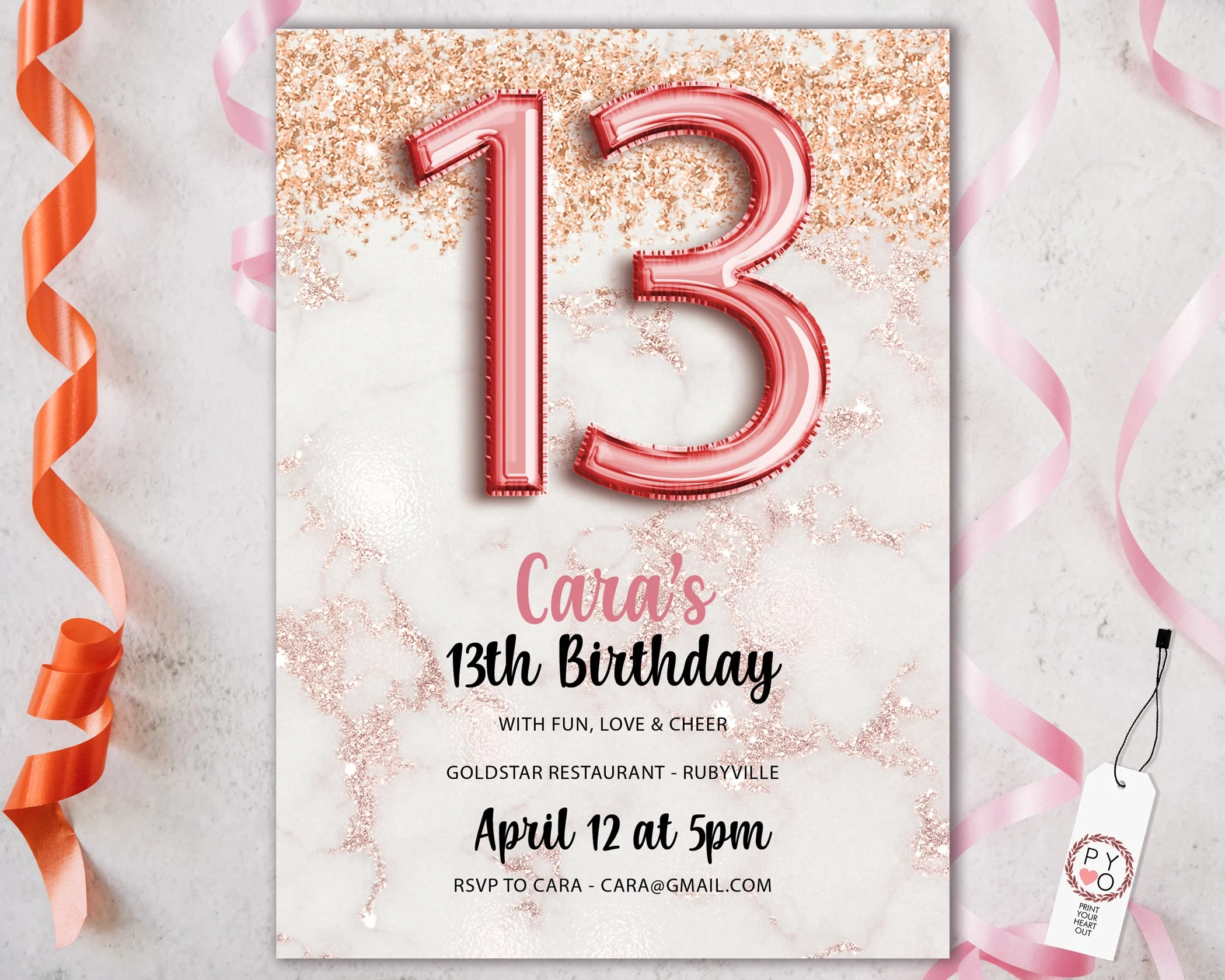 13th Birthday Invitation Marble Rosegold