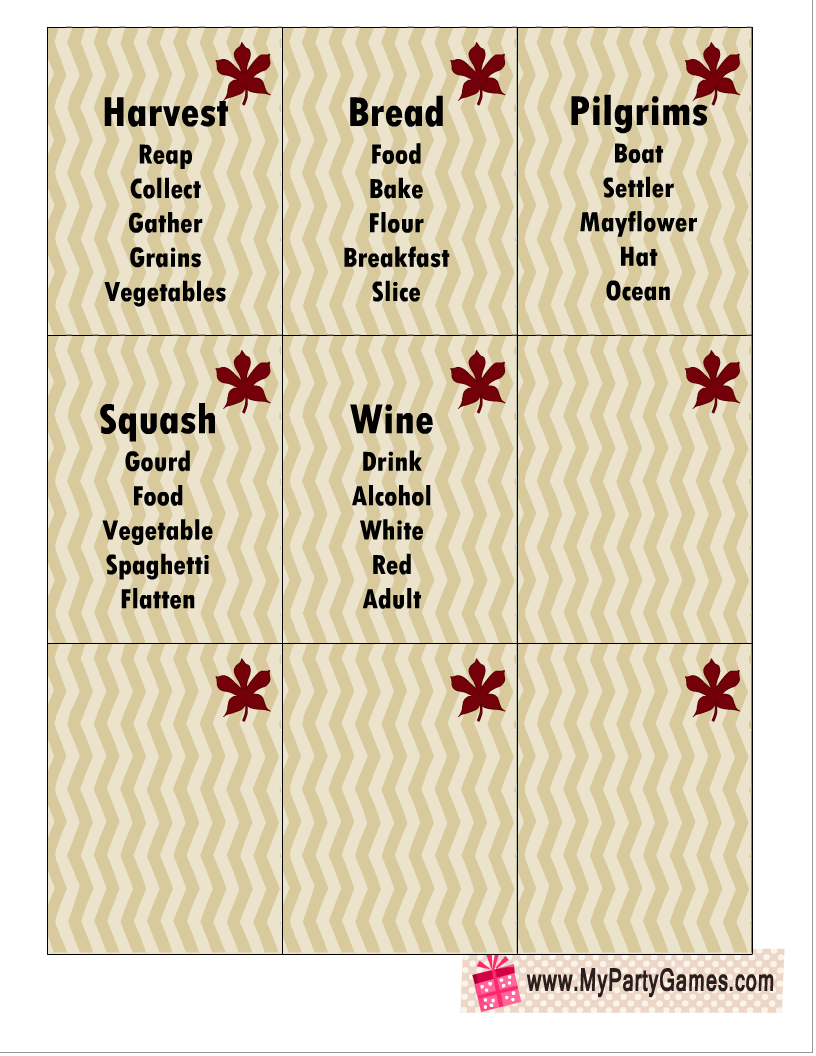 14 Free Printable Thanksgiving Taboo Inspired Game Cards 14 Free Printable Thanksgiving Taboo Inspired Game Cards