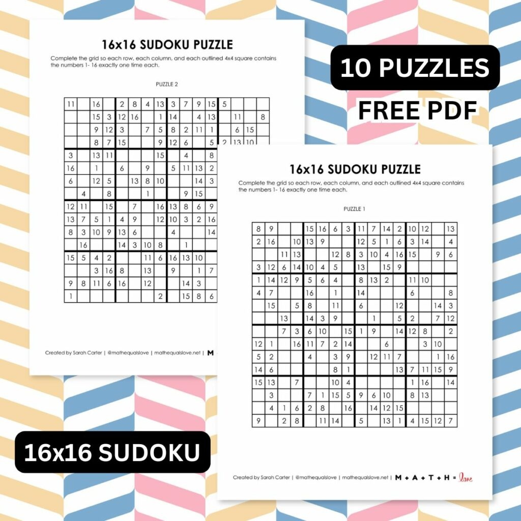 16x16 Printable Sudoku Puzzles