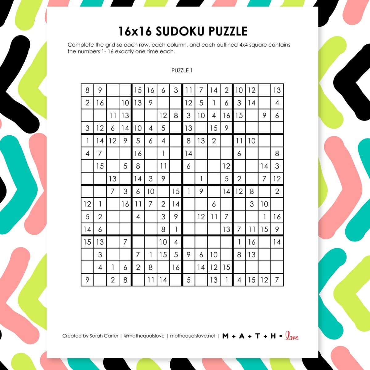 16x16 Printable Sudoku Puzzles