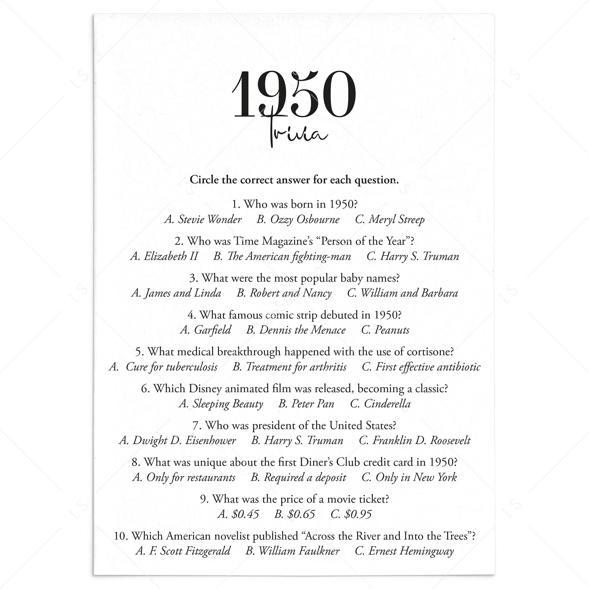 1950 Trivia Quiz With Answer Key Instant Download