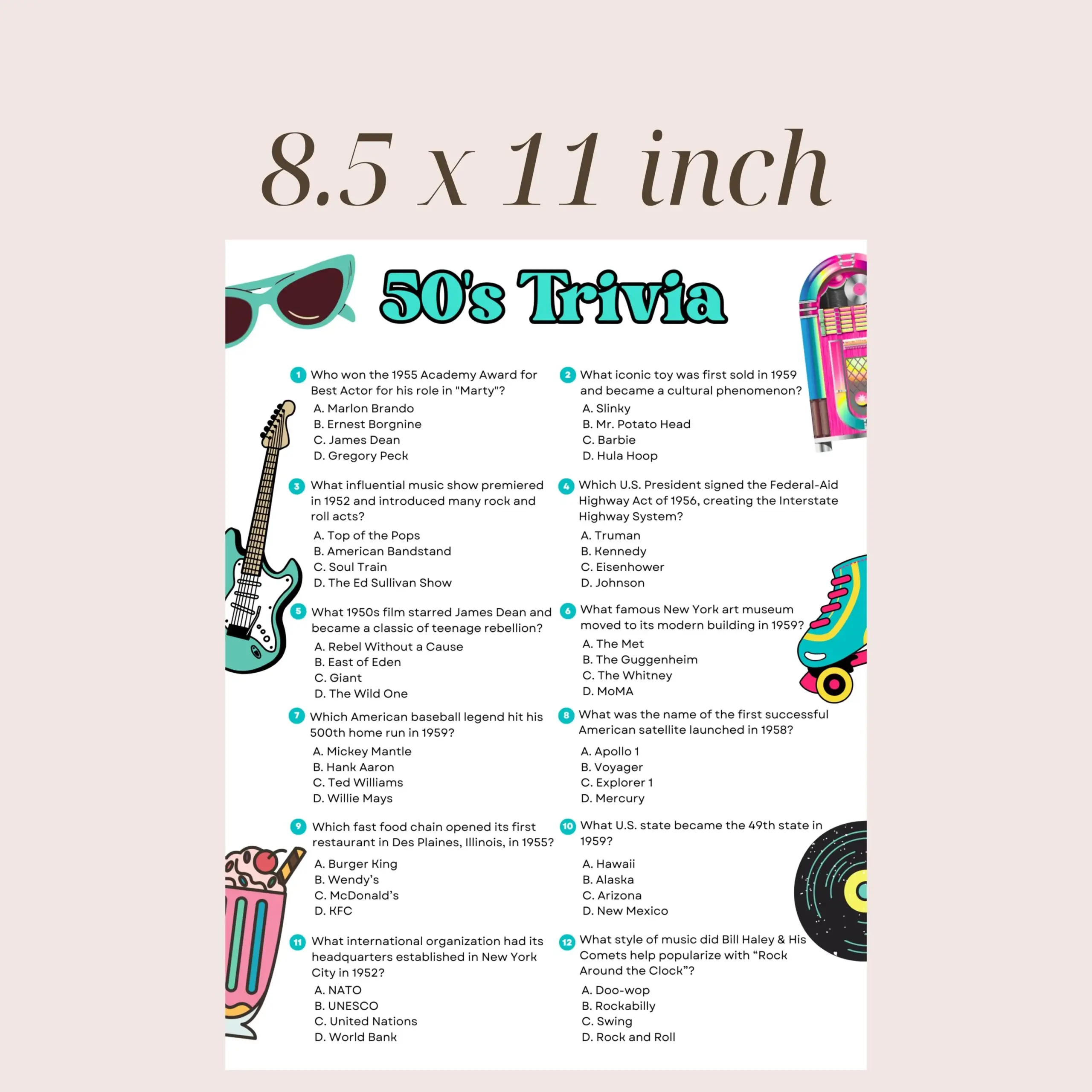1950s Trivia Game Printable Trivia