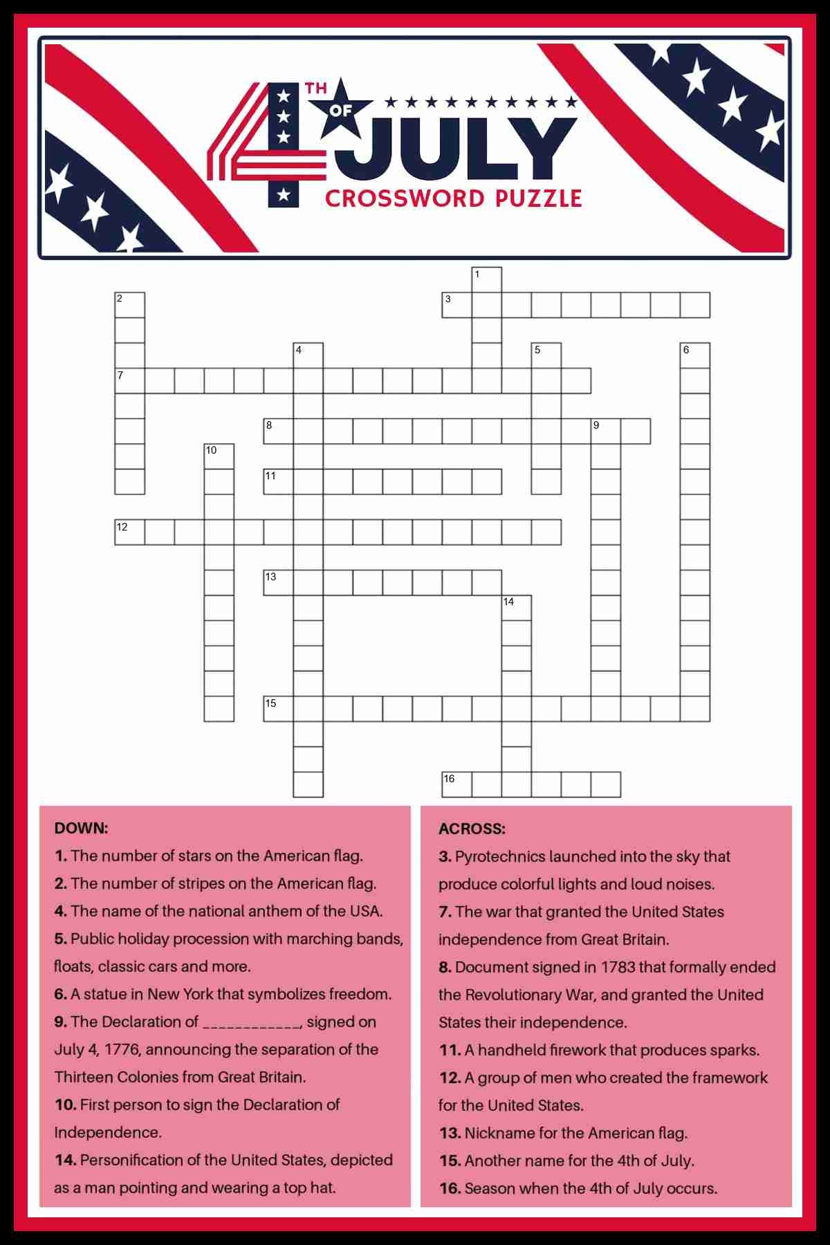 4th Of July Crossword Puzzle