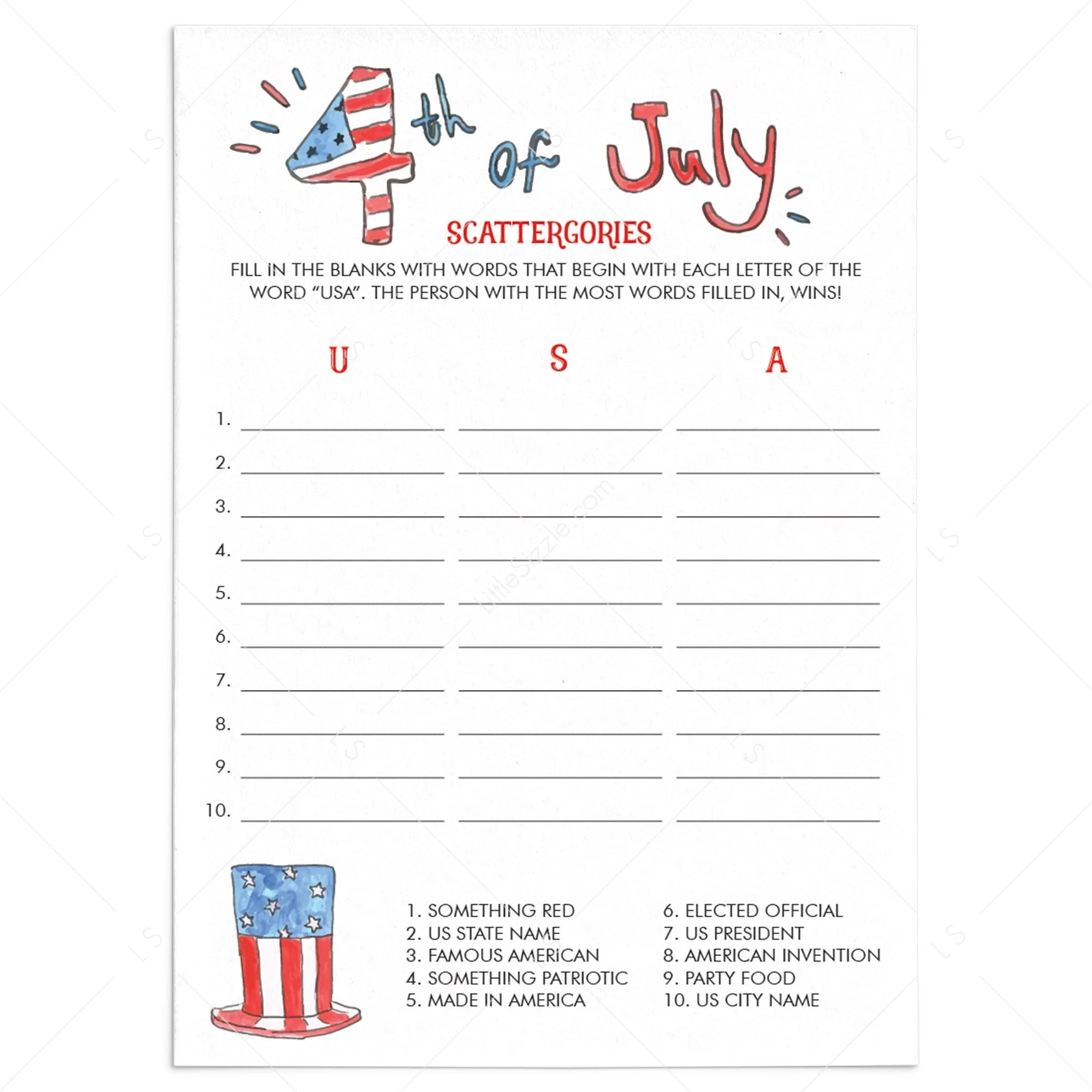 4th Of July Scattergories Printable
