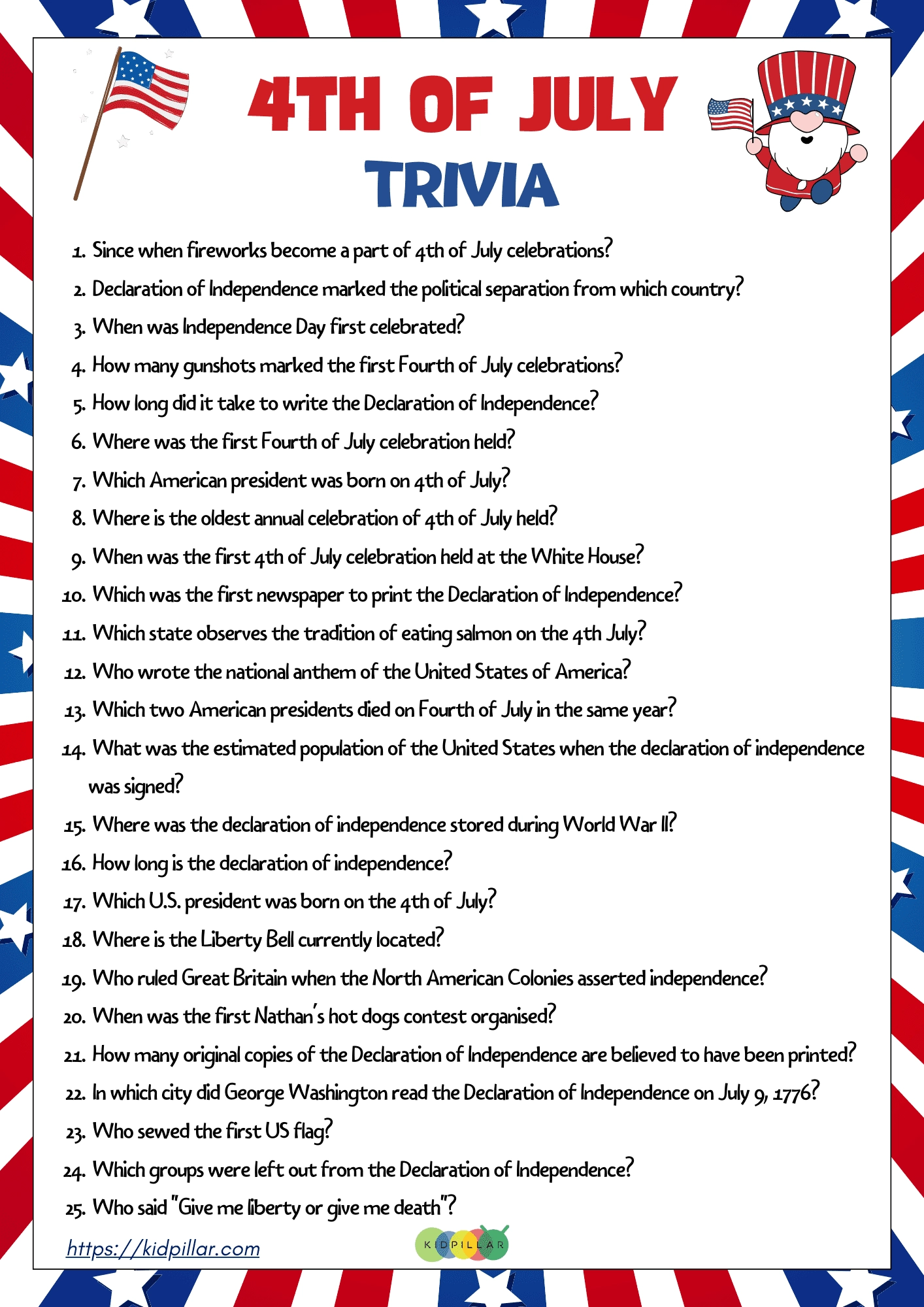 4th Of July Trivia For Kids 4th Of July Trivia For Kids