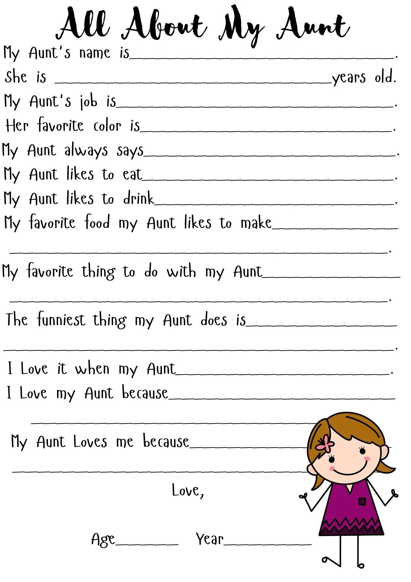 All About My Aunt Printable