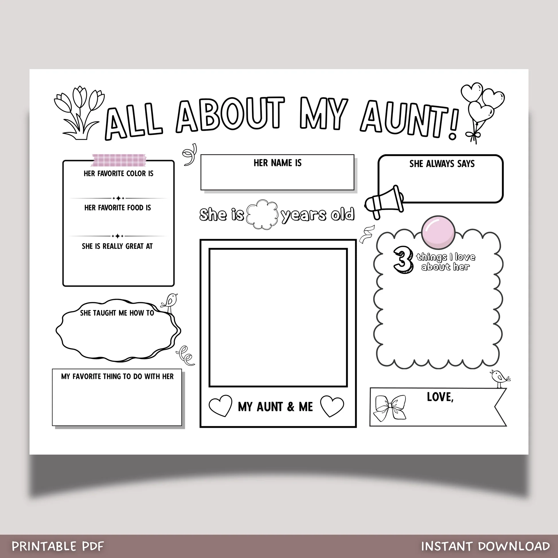 All About My Aunt Survey Printable Diy Gift For Auntie Aunty Birthday Card Questionnaire Ideas From Kids Personalized Keepsake Activity