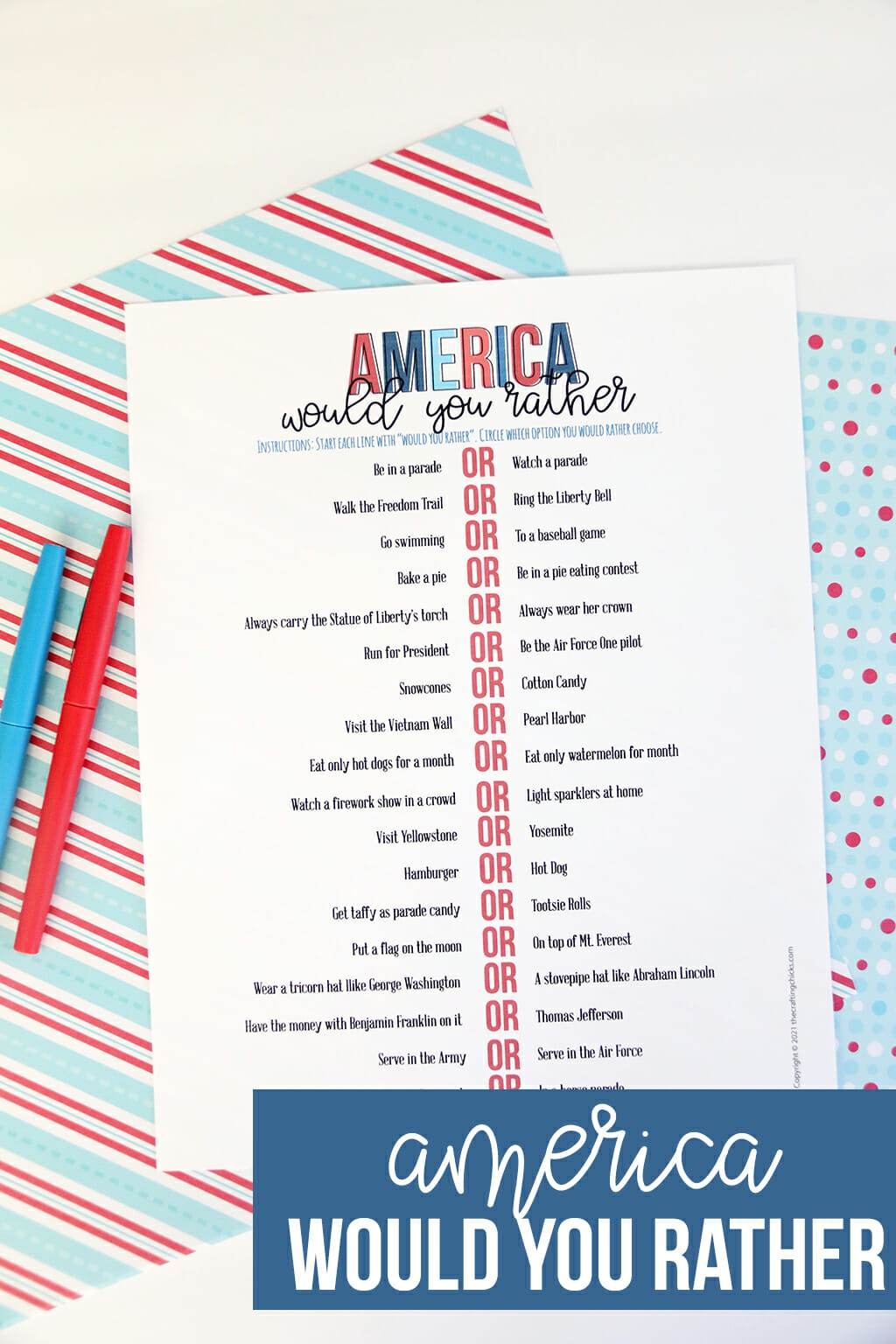 America Would You Rather Printable Game America Would You Rather Printable Game