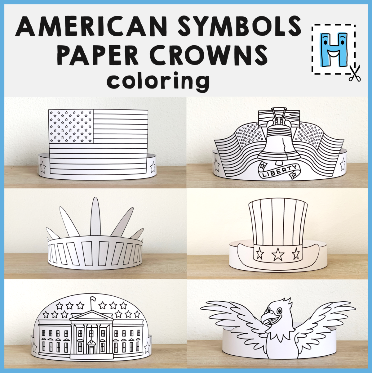 American Symbols Paper Crowns Headbands Hats Printable Coloring Craft