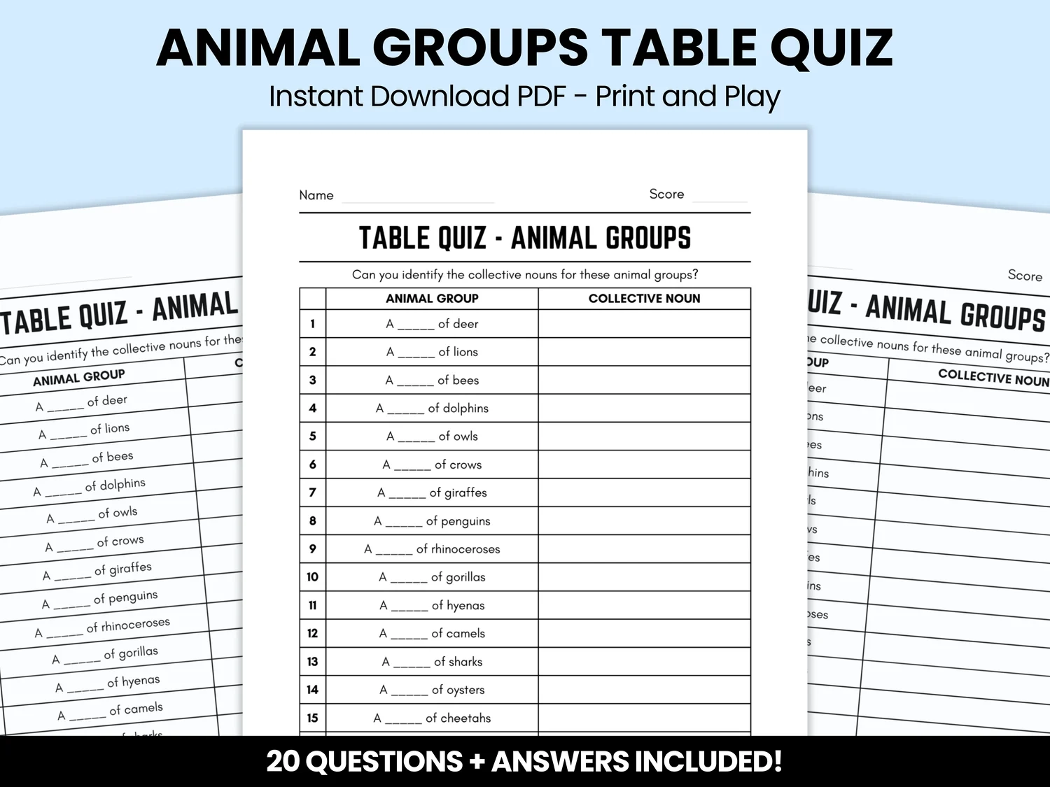 Animal Groups Table Quiz Animal Groups Table Quiz