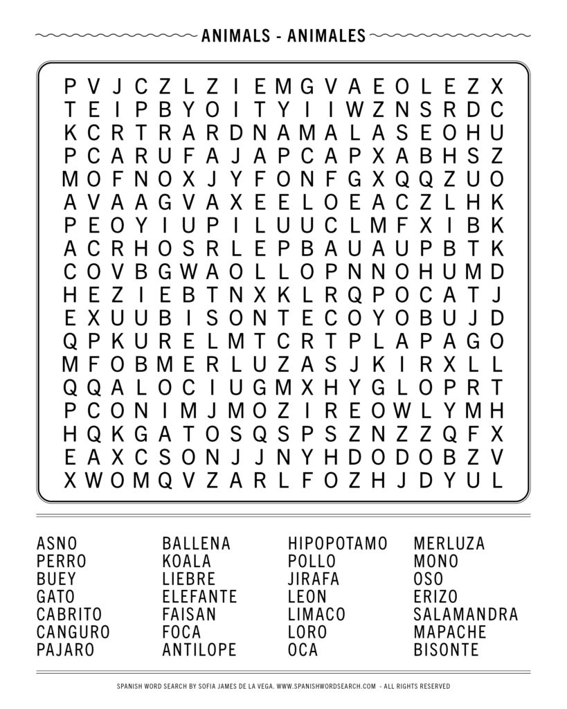 Animals In Spanish Word Search Animals In Spanish Word Search
