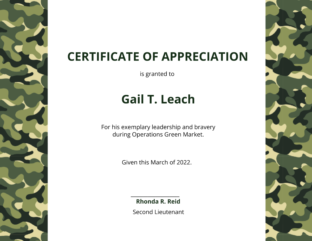 Army Certificate Of Appreciation