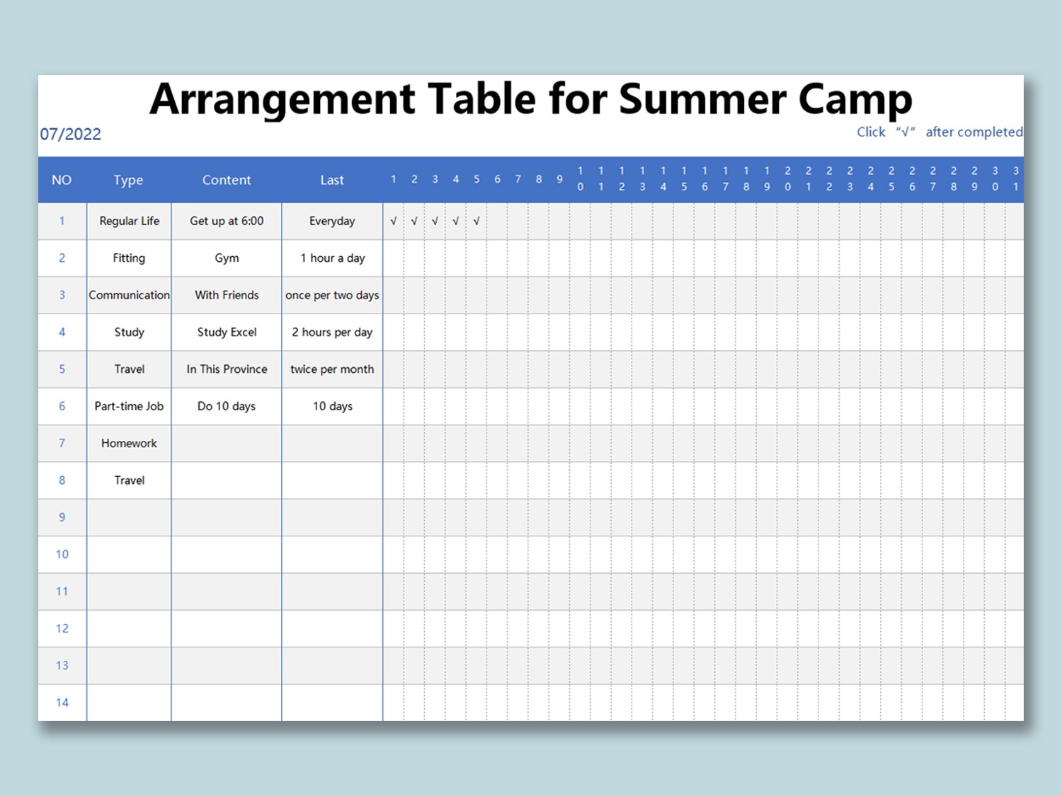 Arrangement Table For Summer Camp Xlsx Excel Personal Record 935b5b4d