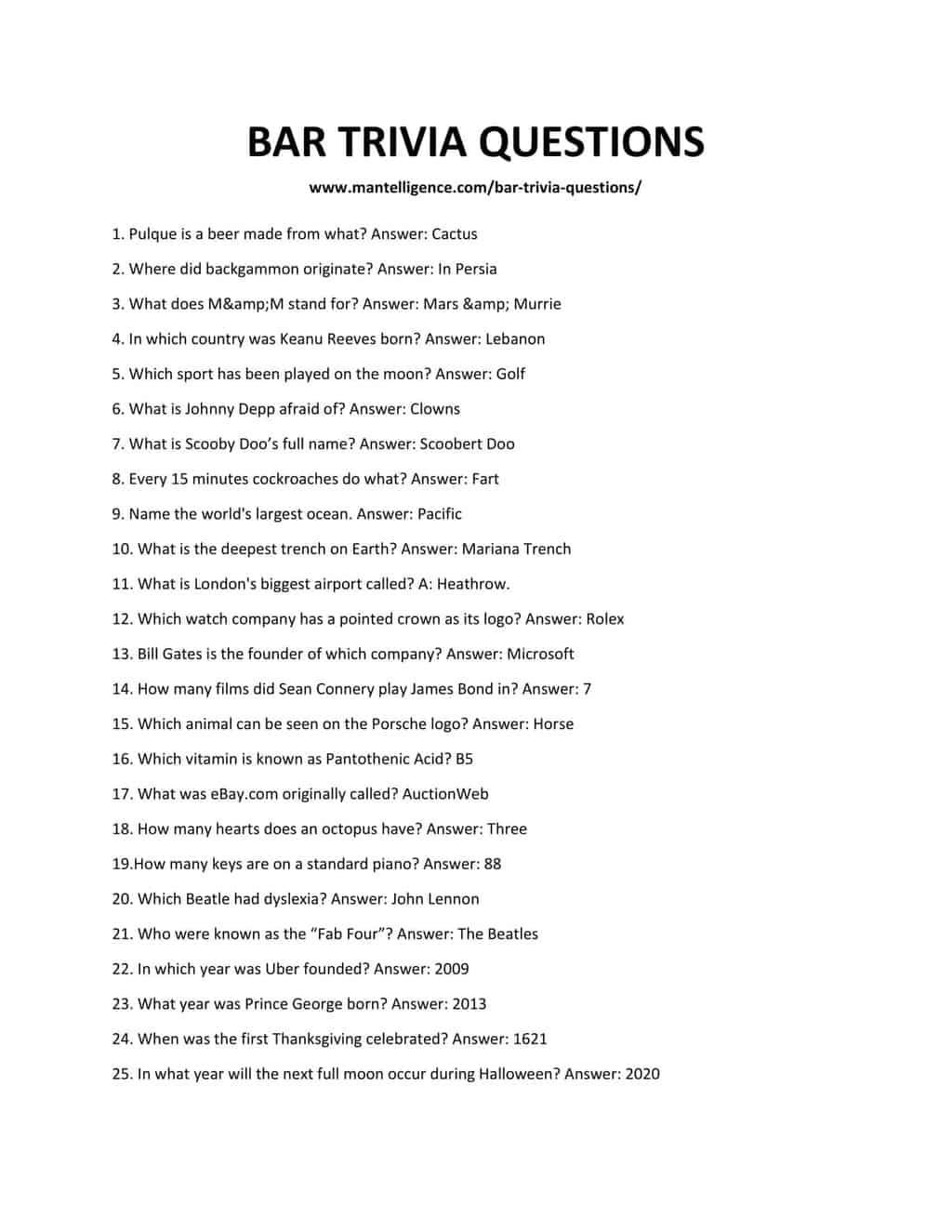 Bar Trivia Questions Bar Trivia Questions