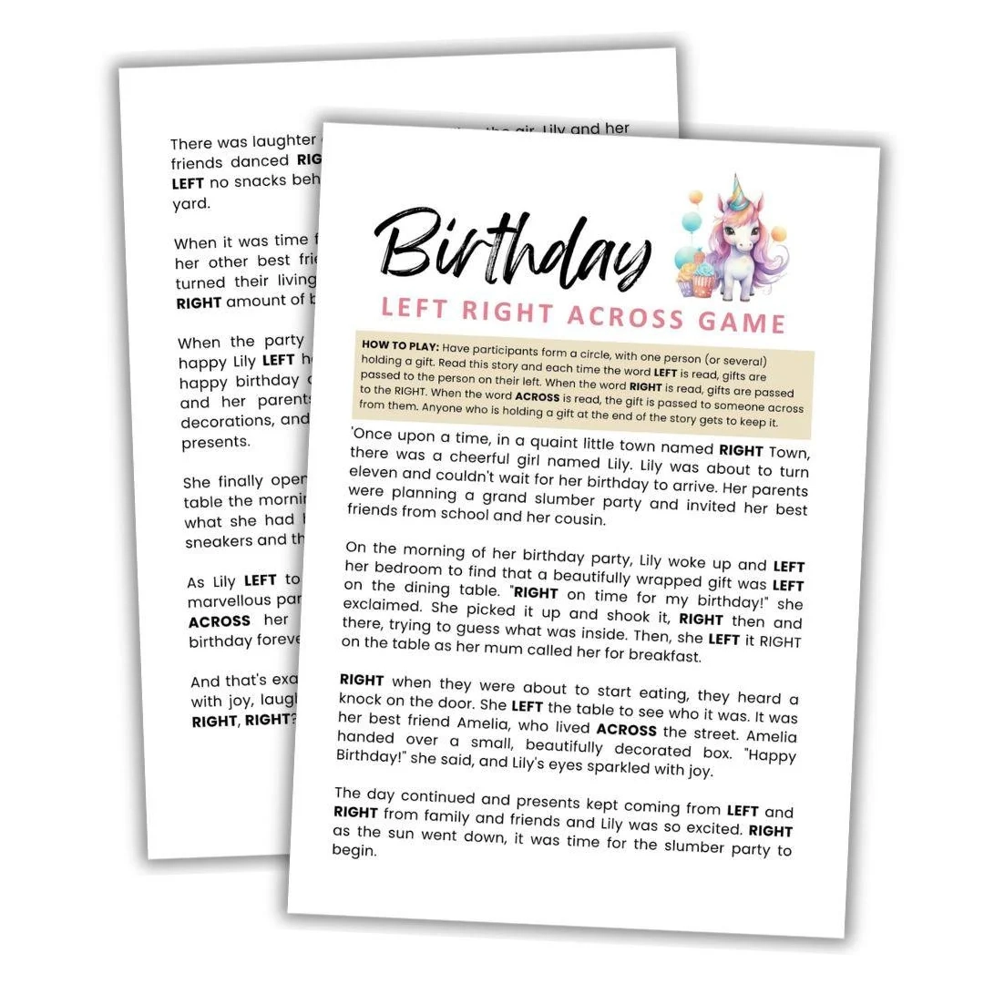 Birthday Left Right Across Game Birthday Left Right Across Game