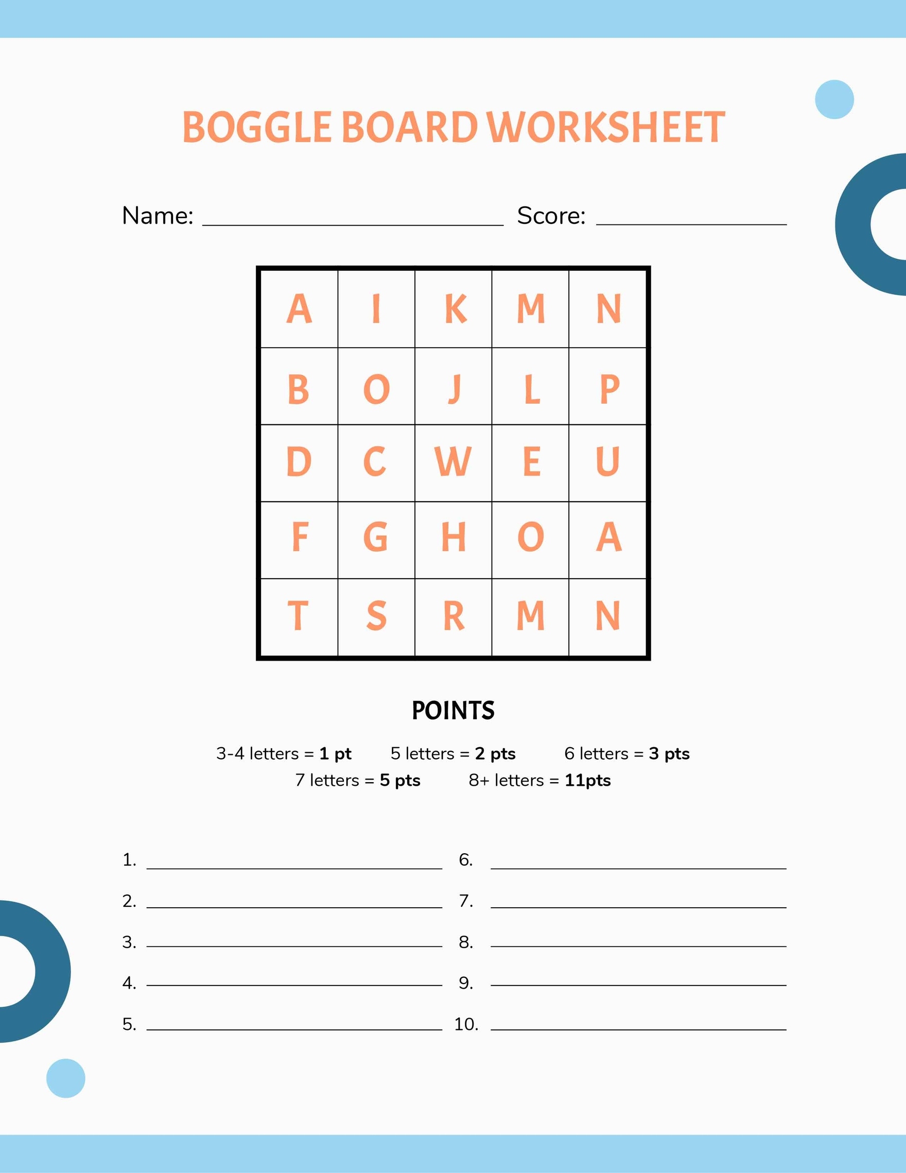 Boggle Board Worksheet