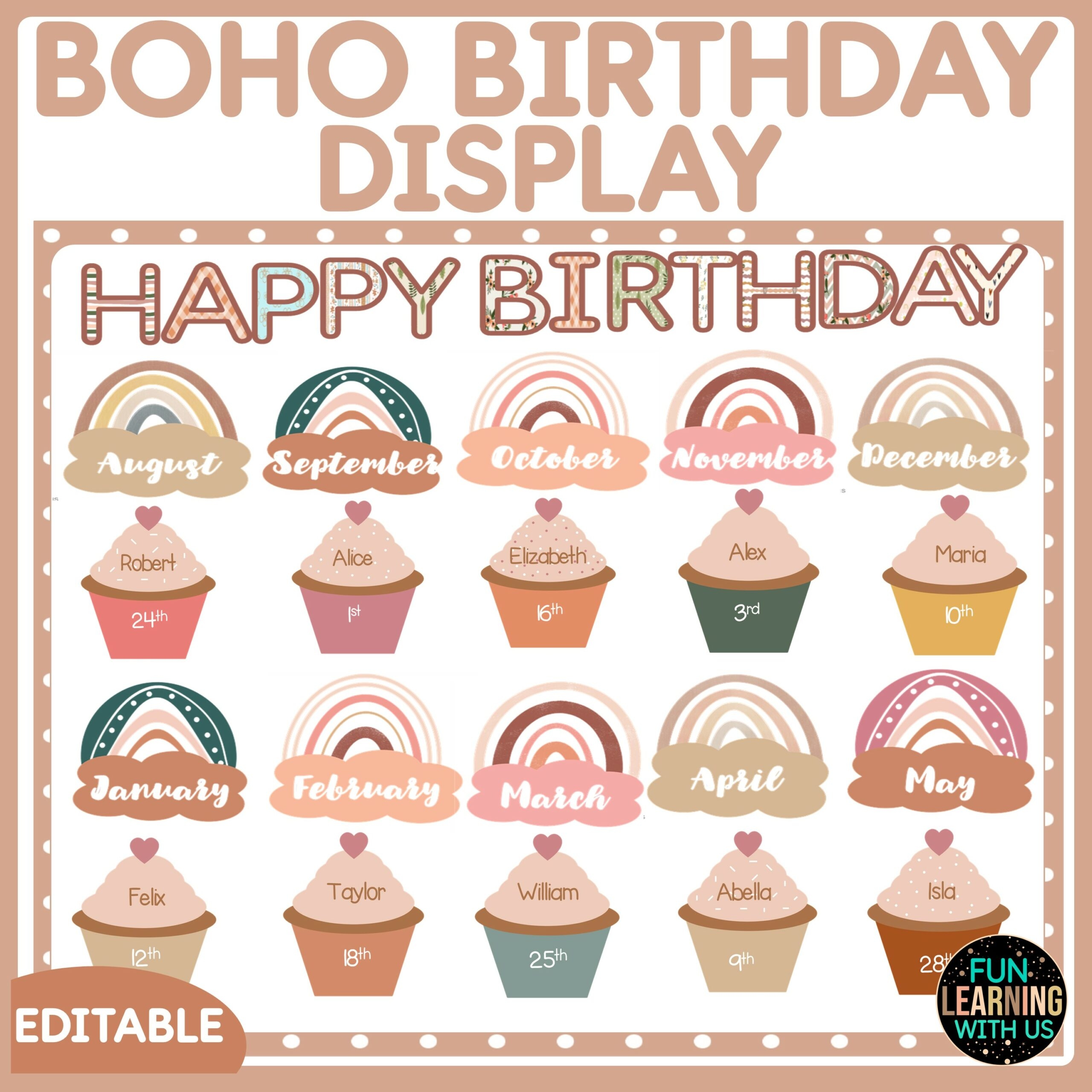 Boho Editable Rainbow Birthday Bulletin Board Display Boho Editable Rainbow Birthday Bulletin Board Display