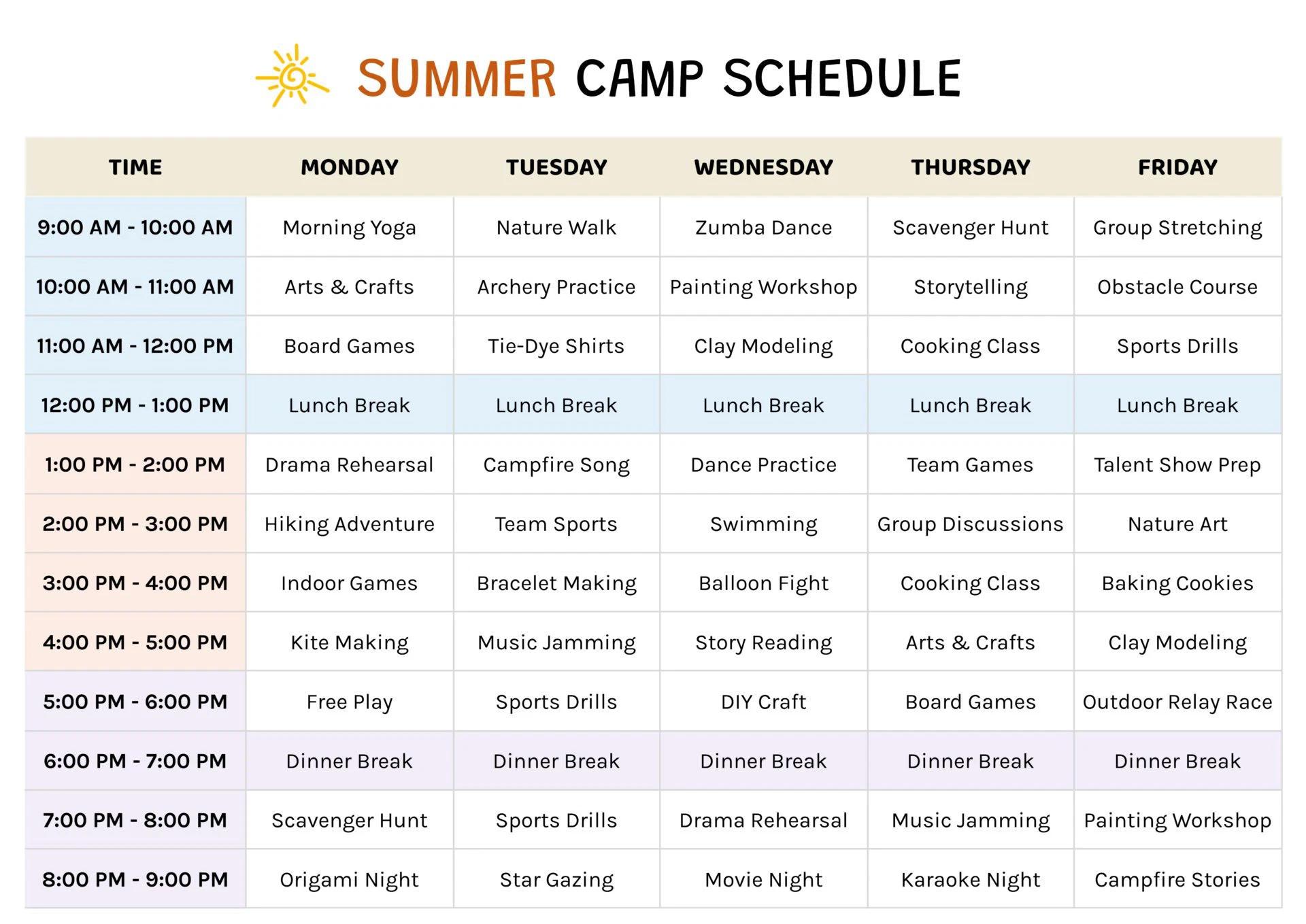 Camp Schedule Template