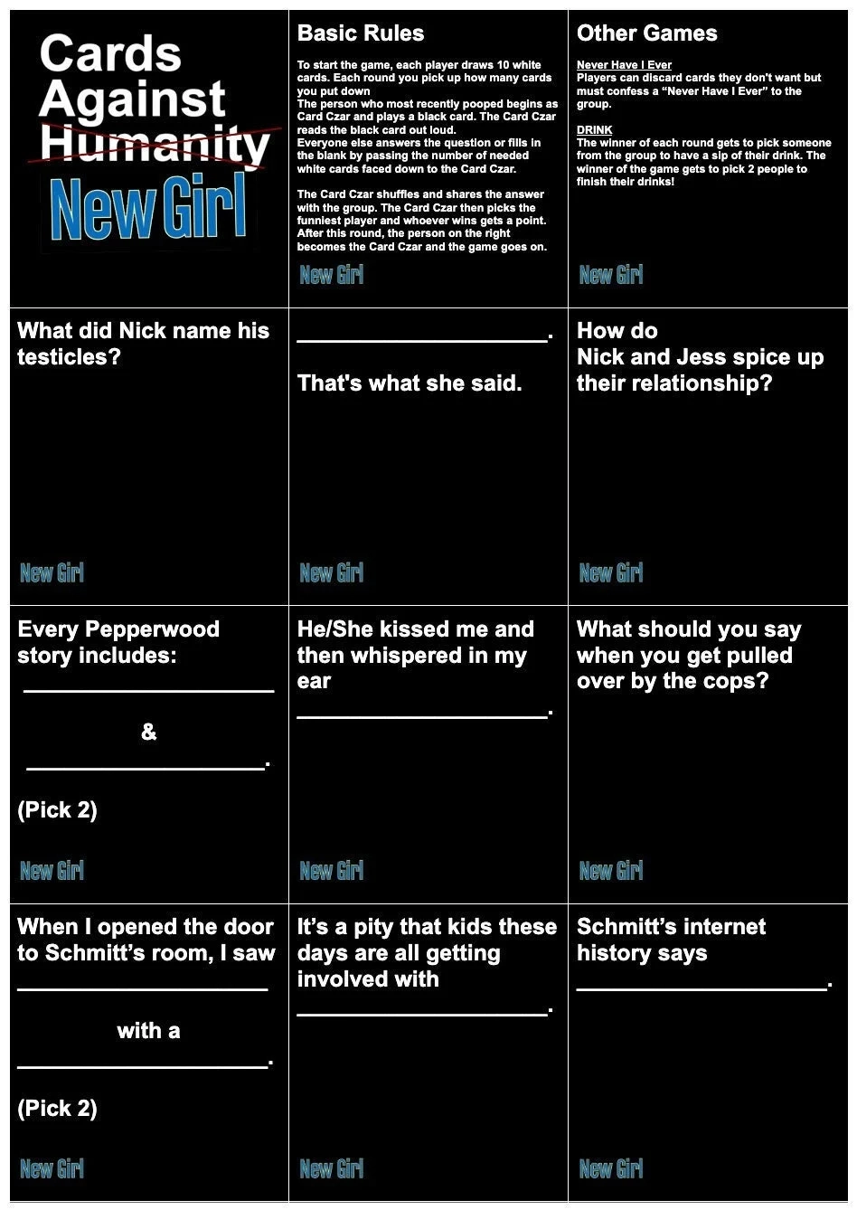 Cards Against New Girl Printable Adult Cards Against New Girl Printable Adult