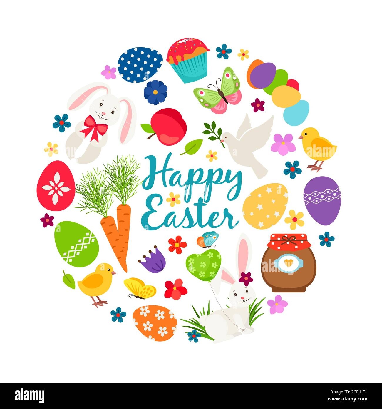 Cartoon Spring Happy Easter Printable Vector Banner With Eggs Bunnies And Flowers Easte Banner With Flower And Eggs Colorful Handwritten Dove And Rabbit Illustration Image375349017