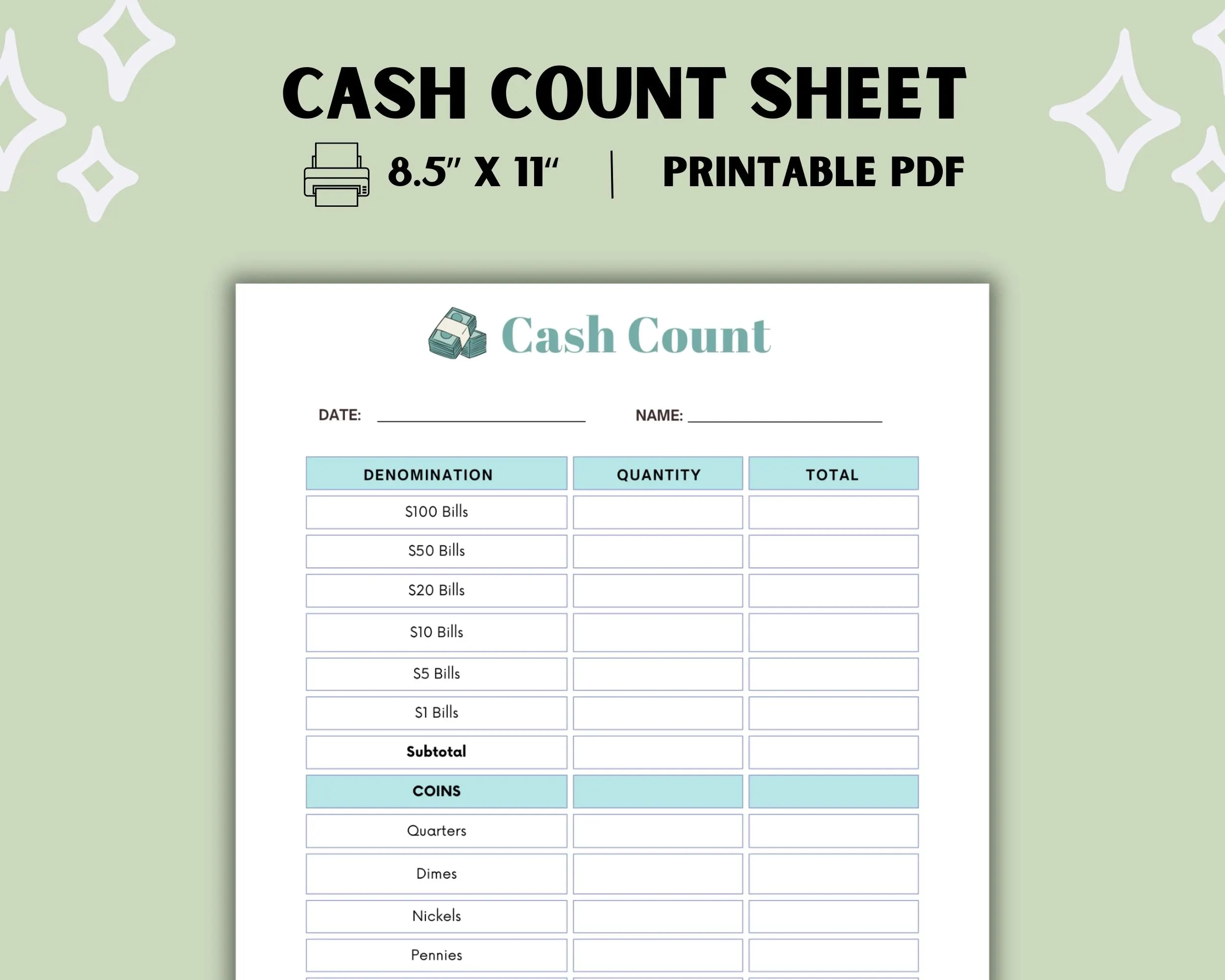 Cash Count Sheet Printable Money Tally