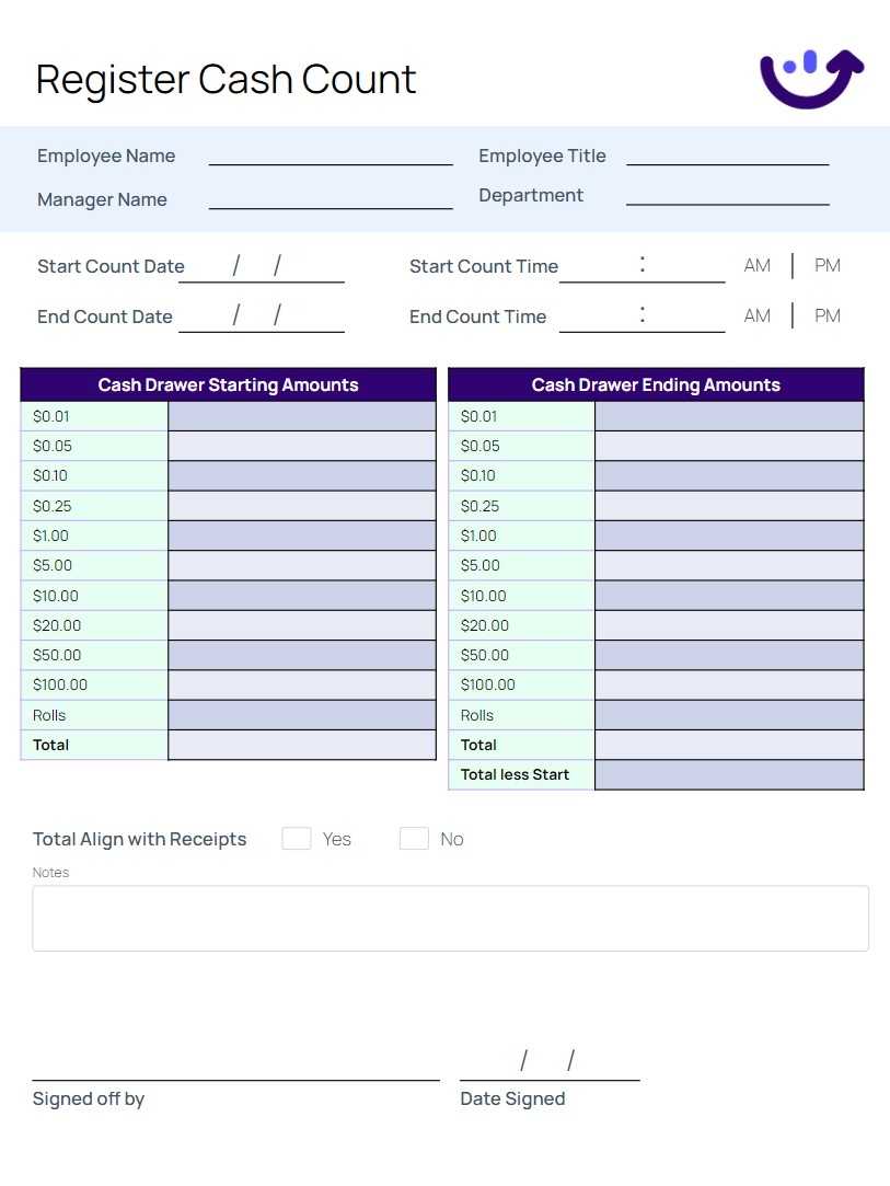 Cash Count Sheet