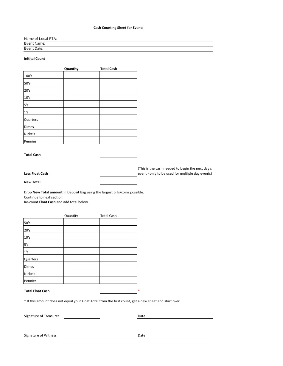 Cash Counting Sheet Events Template