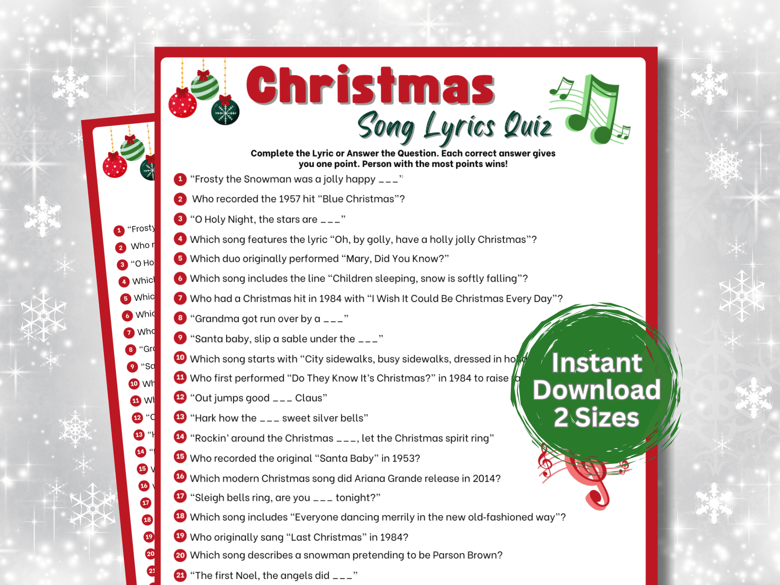 Christmas Song Lyrics Quiz Printable Christmas Song Lyrics Quiz Printable