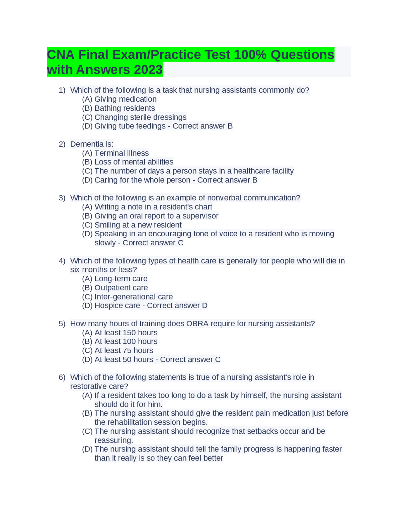Cna Final Exam Practice Test 100 Questions With Answers 2023 Cna Final Exam Practice Test 100 Questions With Answers 2023
