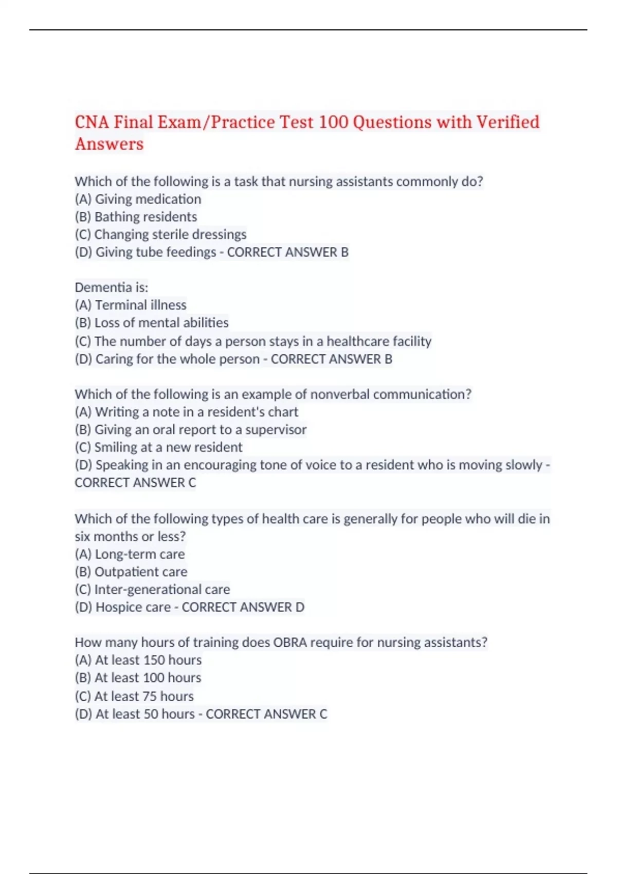 Cna Final Exampractice Test 100 Questions With Verified Answers100 Correct Cna Final Exampractice Test 100 Questions With Verified Answers100 Correct