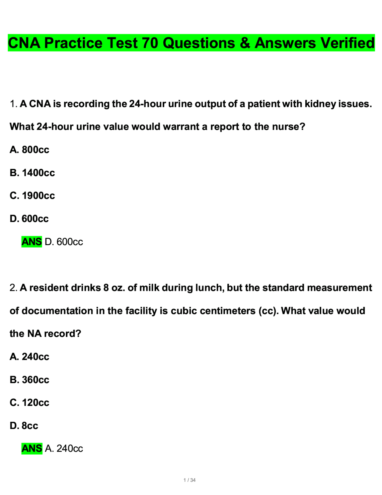 Cna Practice Test 70 Questions And Revised Answers 20252026 100percent Guarantee Pass