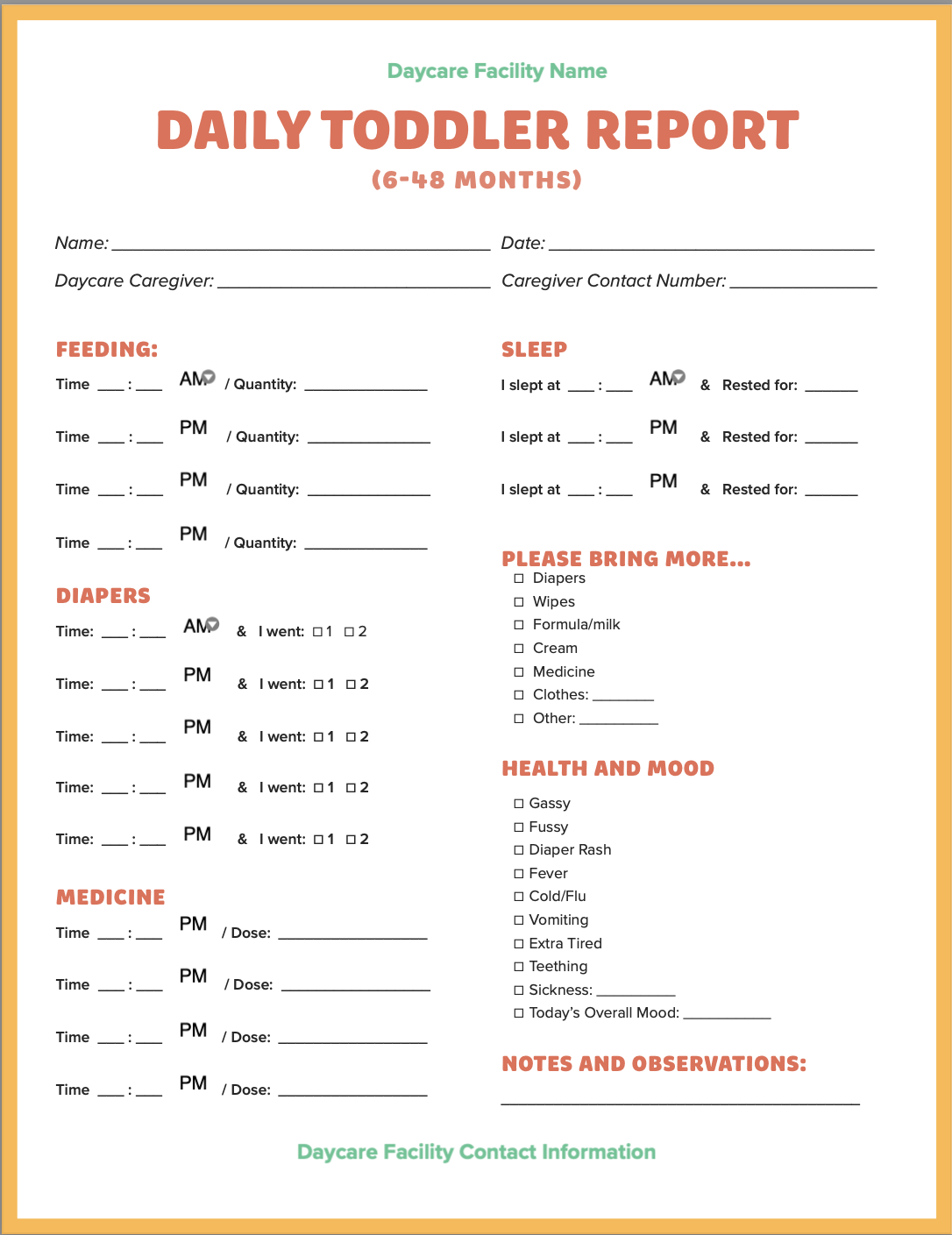 Daily Report Daily Sheet For Daycare Daily Report Daily Sheet For Daycare