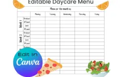 Daycare Menu Editable Monthly And Weekly
