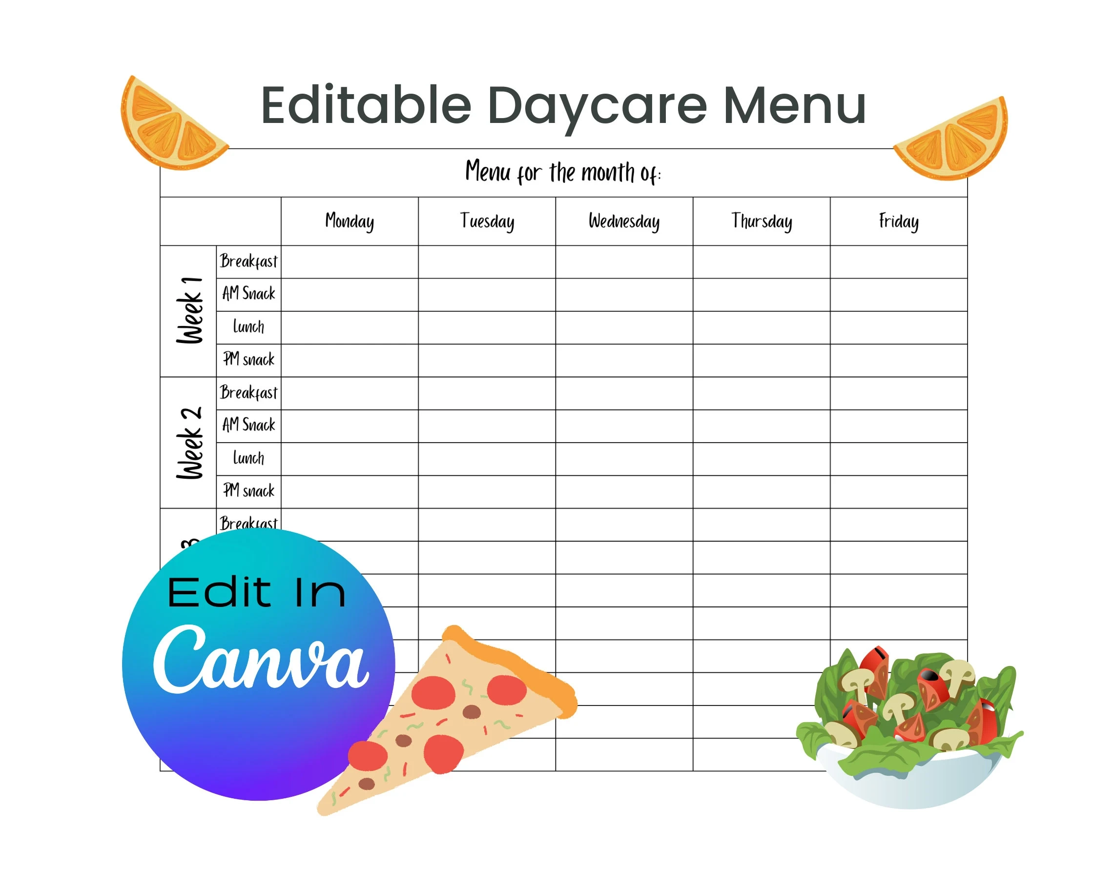 Daycare Menu Editable Monthly And Weekly