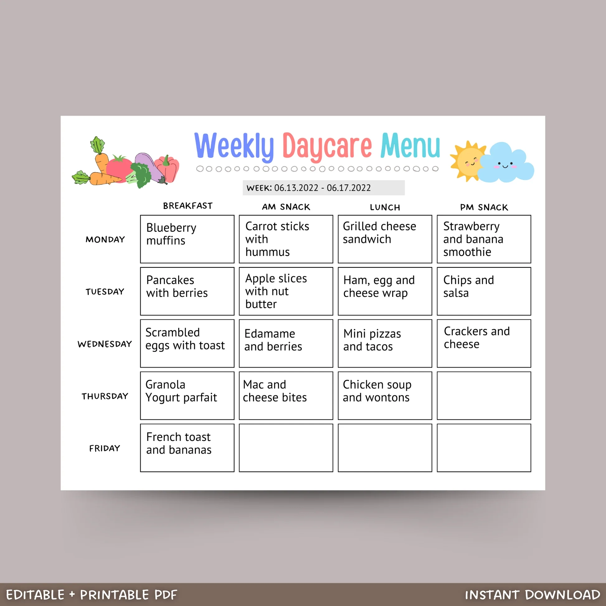 Daycare Weekly Menu Printable Home 52836