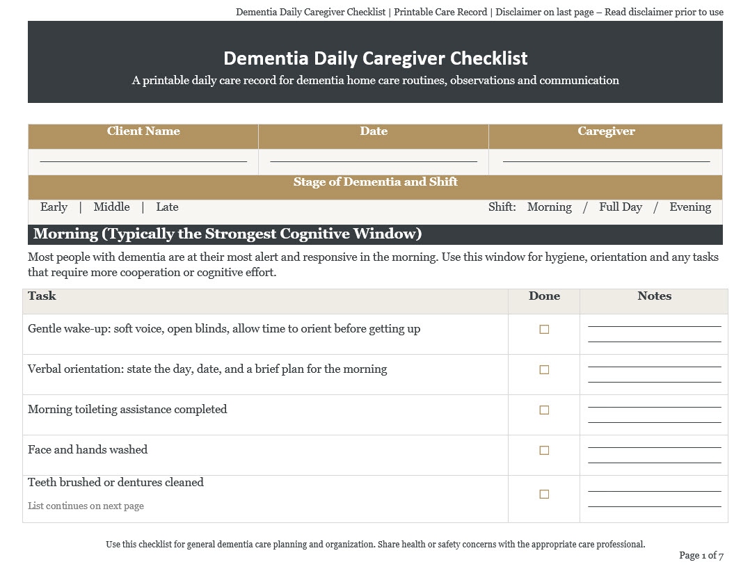 Dementia Daily Caregiver Checklist Dementia Daily Caregiver Checklist