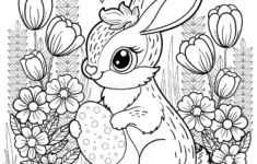 Easter Bunny Egg Black White Linear Drawing Vector Background Flowers Isolated Children S Design Coloring Image358188012