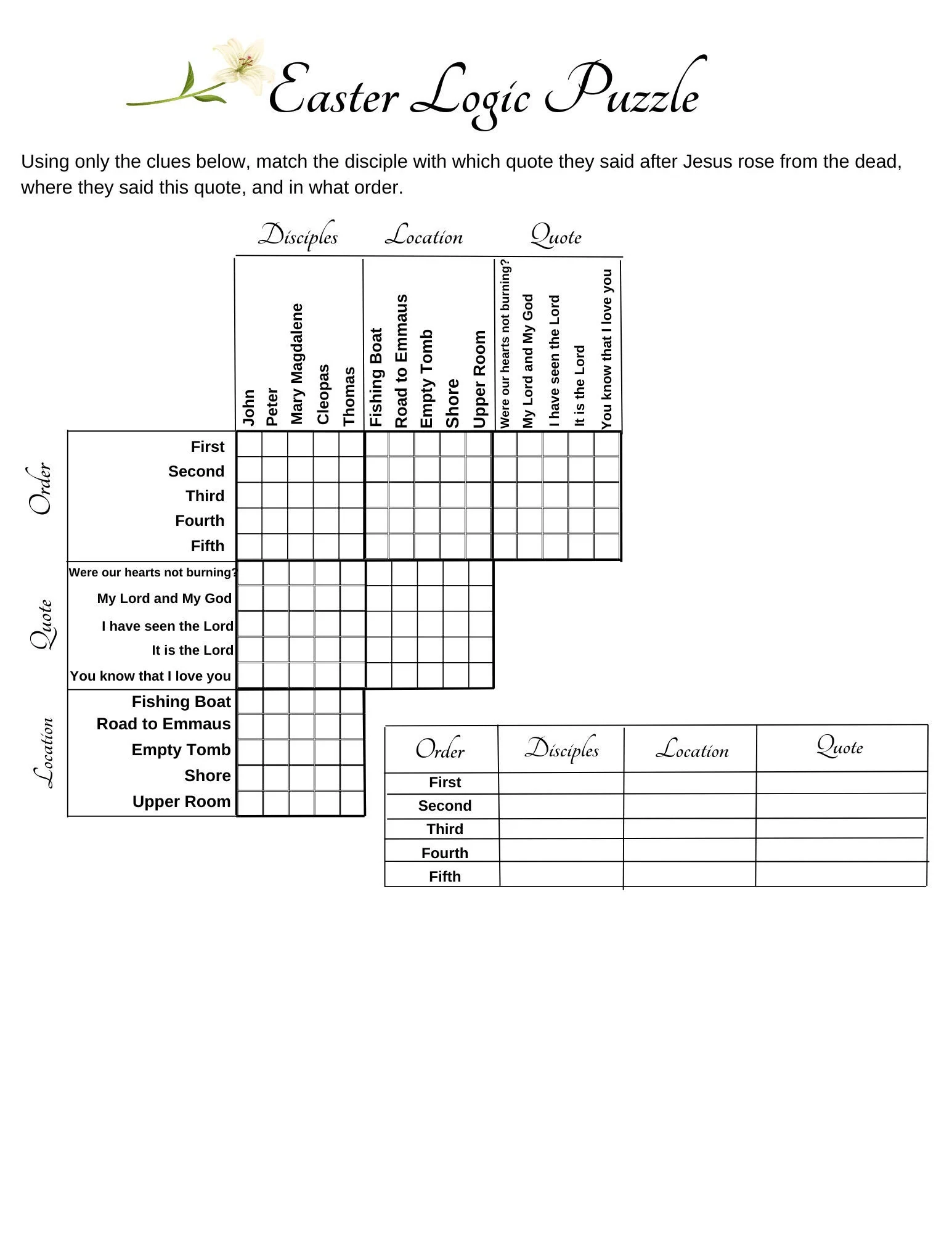 Easter Logic Puzzle Christian Disciples Easter Logic Puzzle Christian Disciples