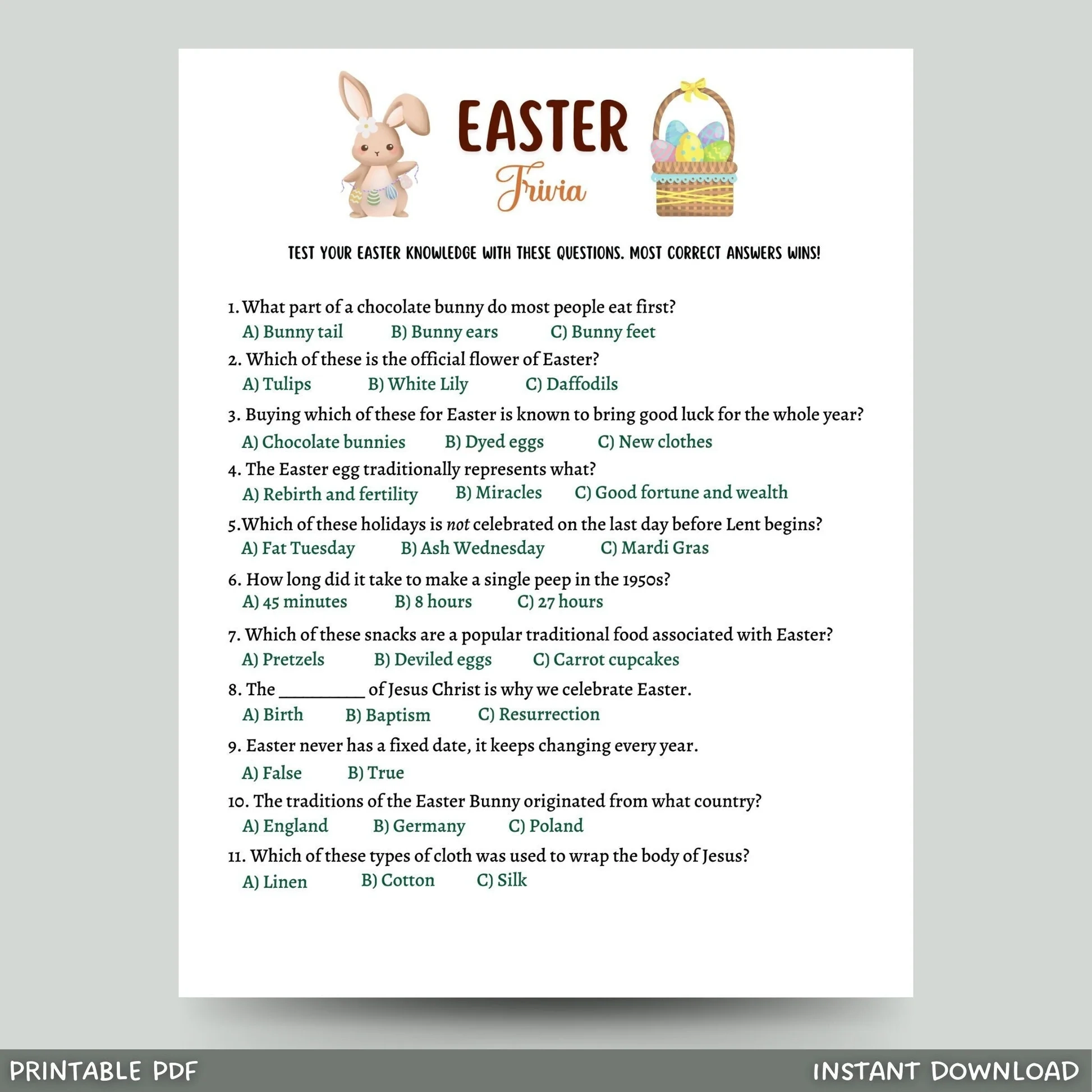 Easter Trivia Party Game Printable 07952