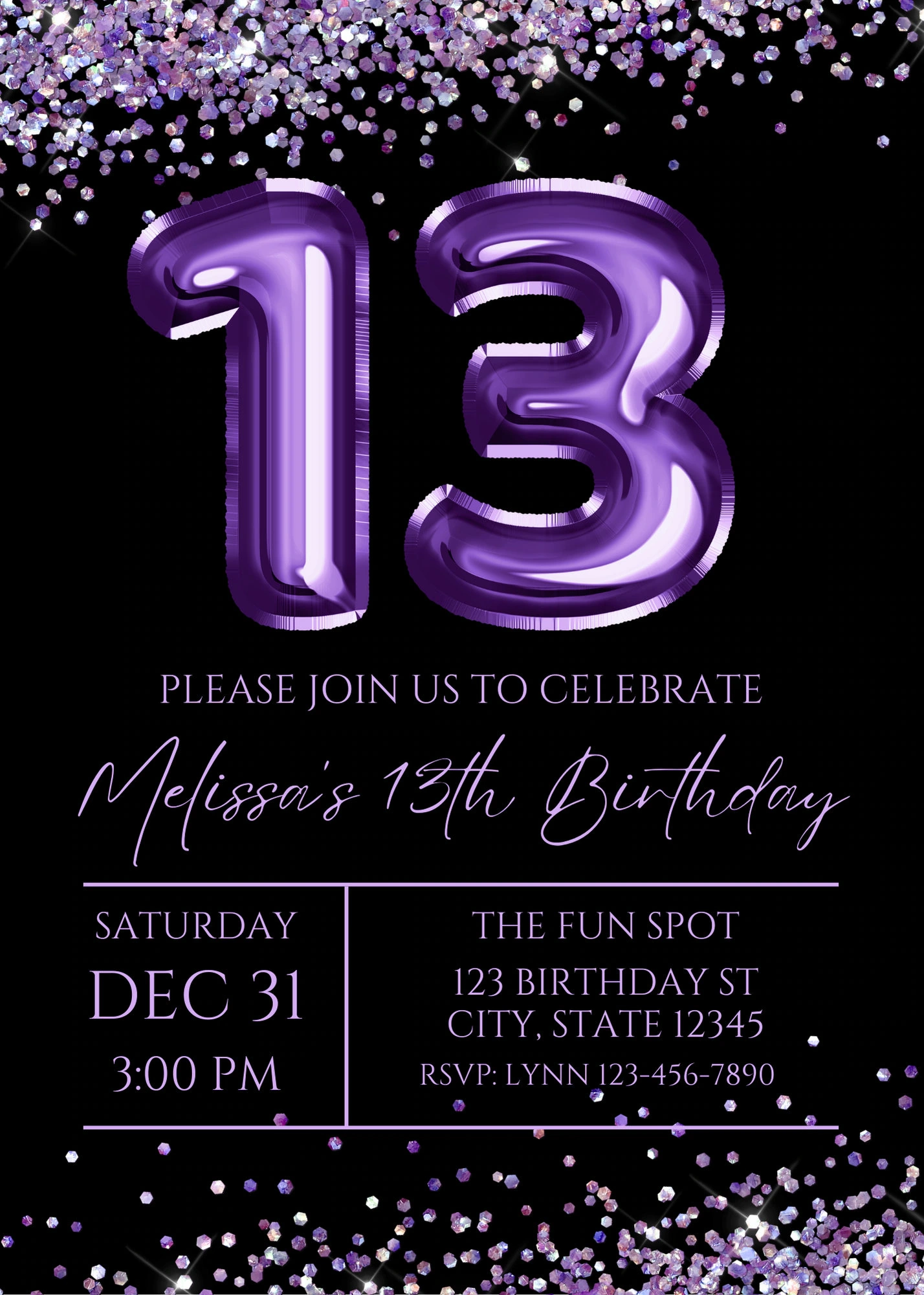 Editable 13th Birthday Invitation Purple