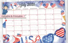 Editable July 2026 Calendar 4th Of July