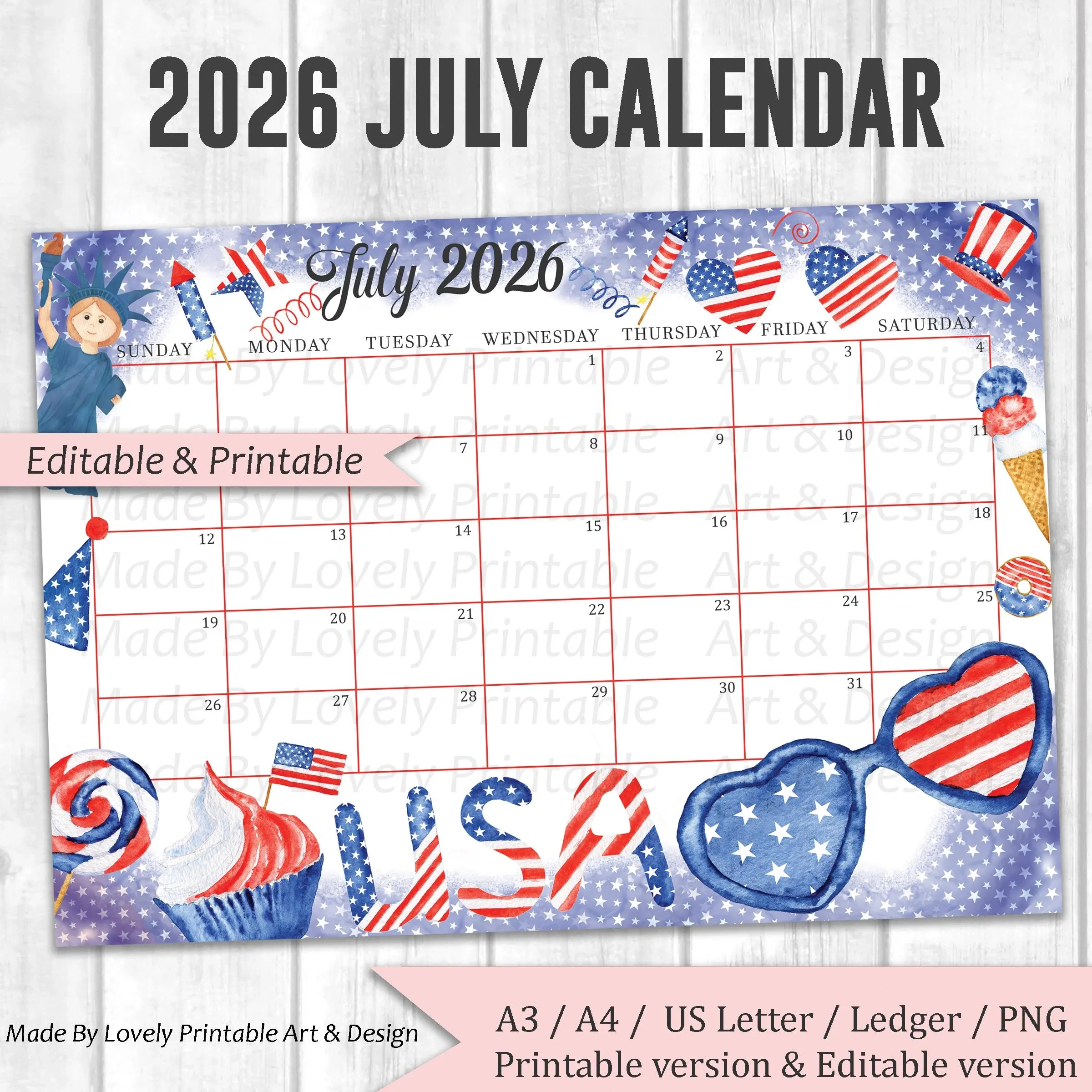 Editable July 2026 Calendar 4th Of July Editable July 2026 Calendar 4th Of July
