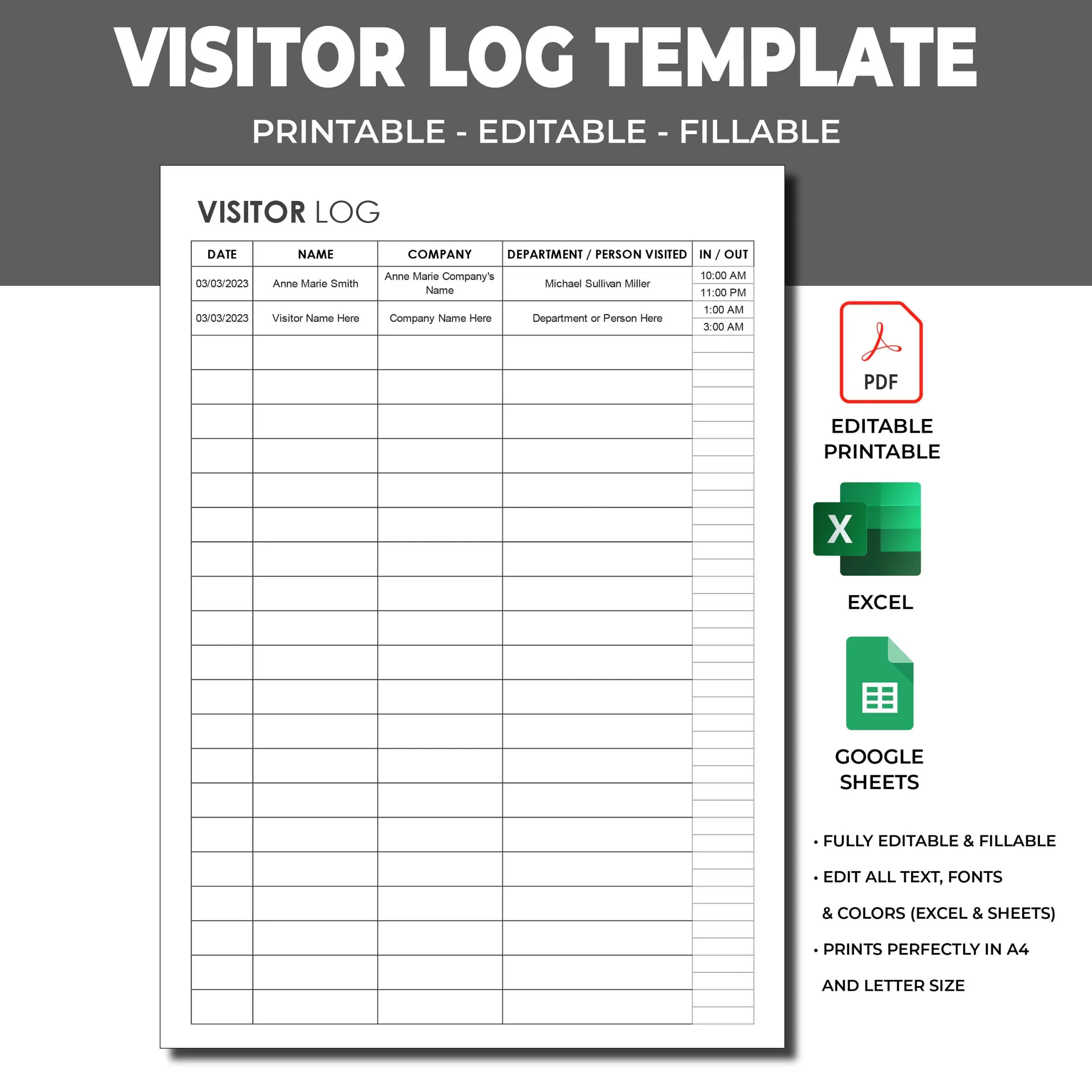 Editable Printable Visitor Log Visitor