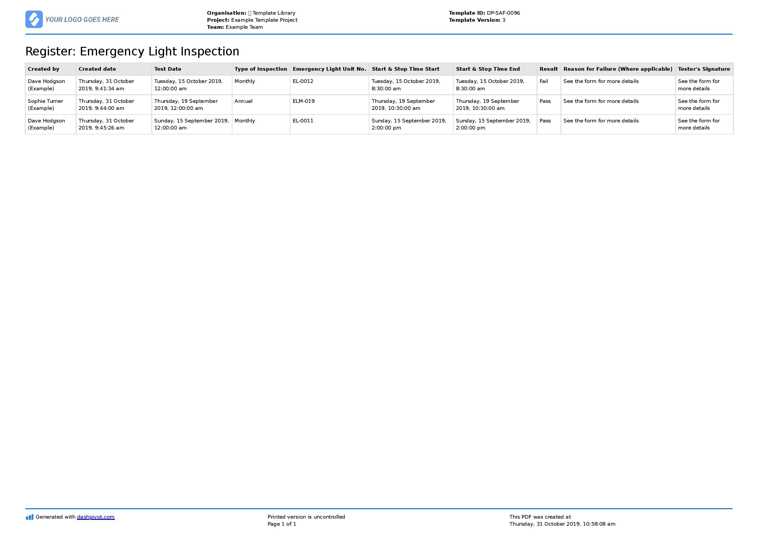 Emergency Lighting Test Log Template Emergency Lighting Test Log Template
