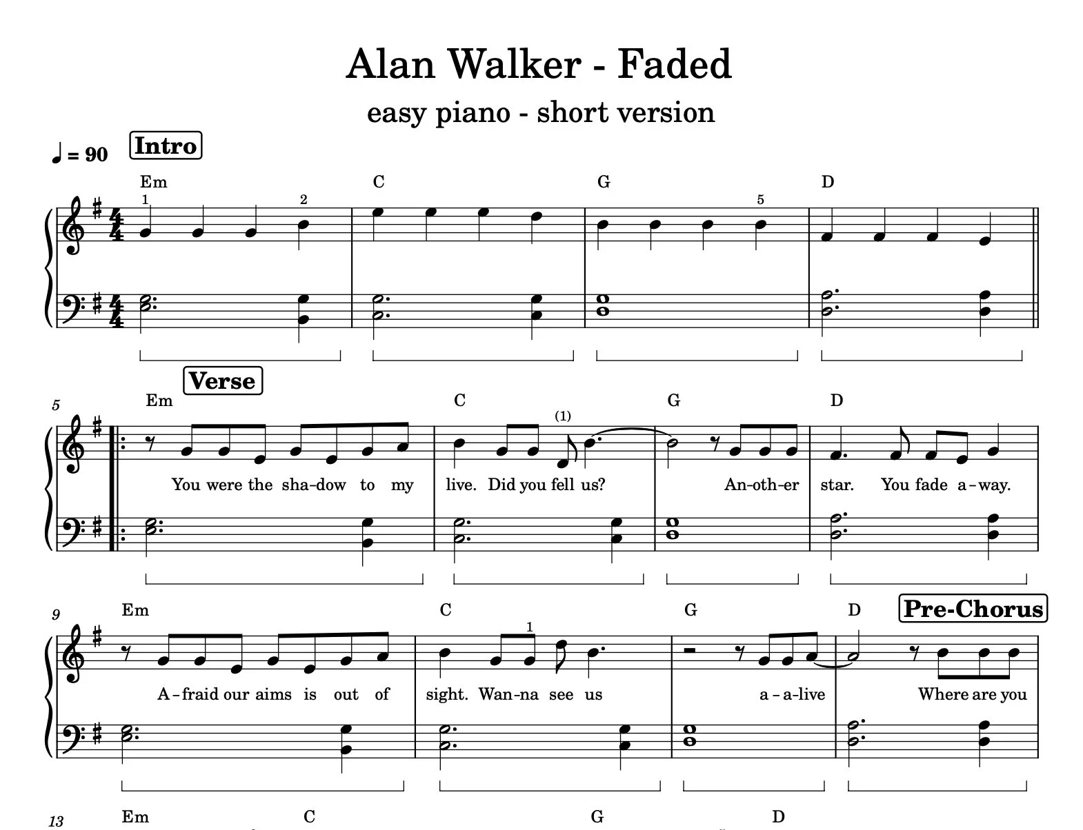 Faded Alan Walker Easy Piano Piano Sheet Faded Alan Walker Easy Piano Piano Sheet