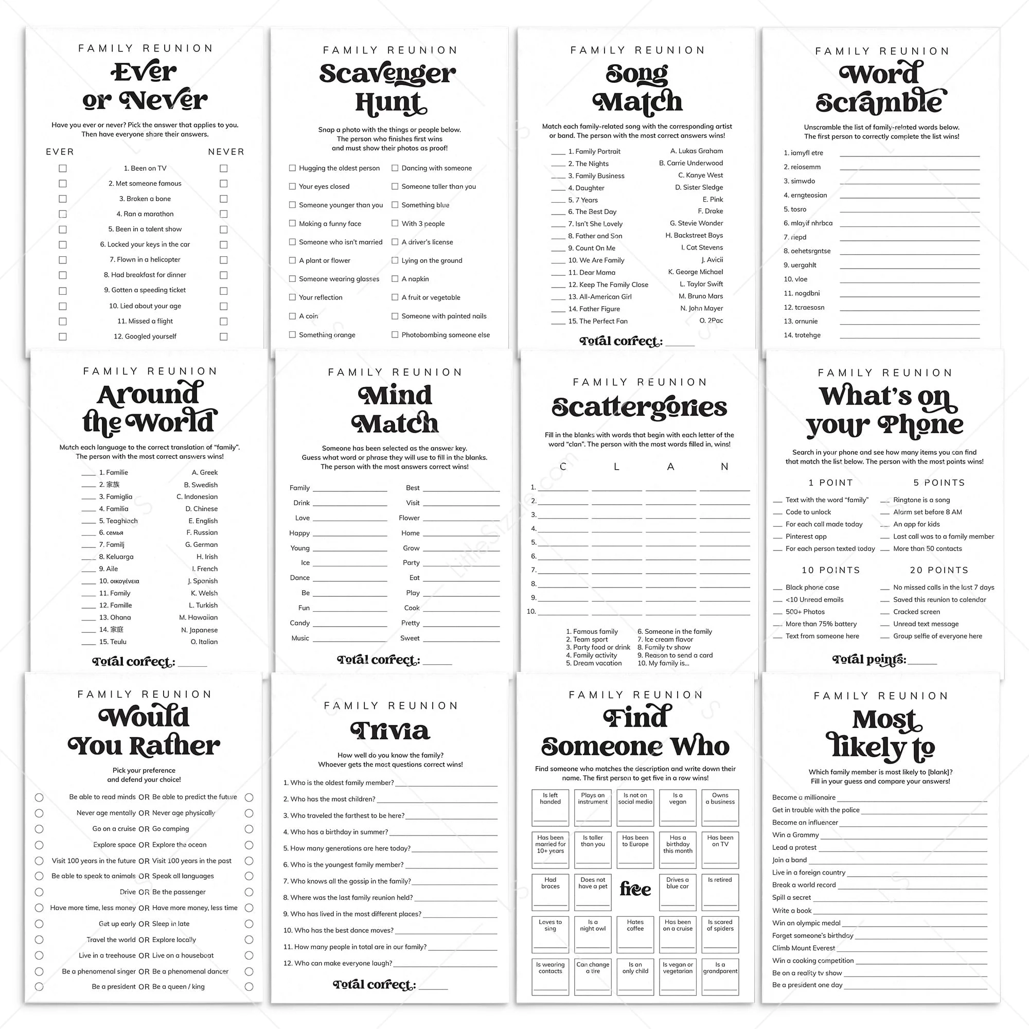 Family Reunion Party Games Bundle Printable Family Reunion Party Games Bundle Printable
