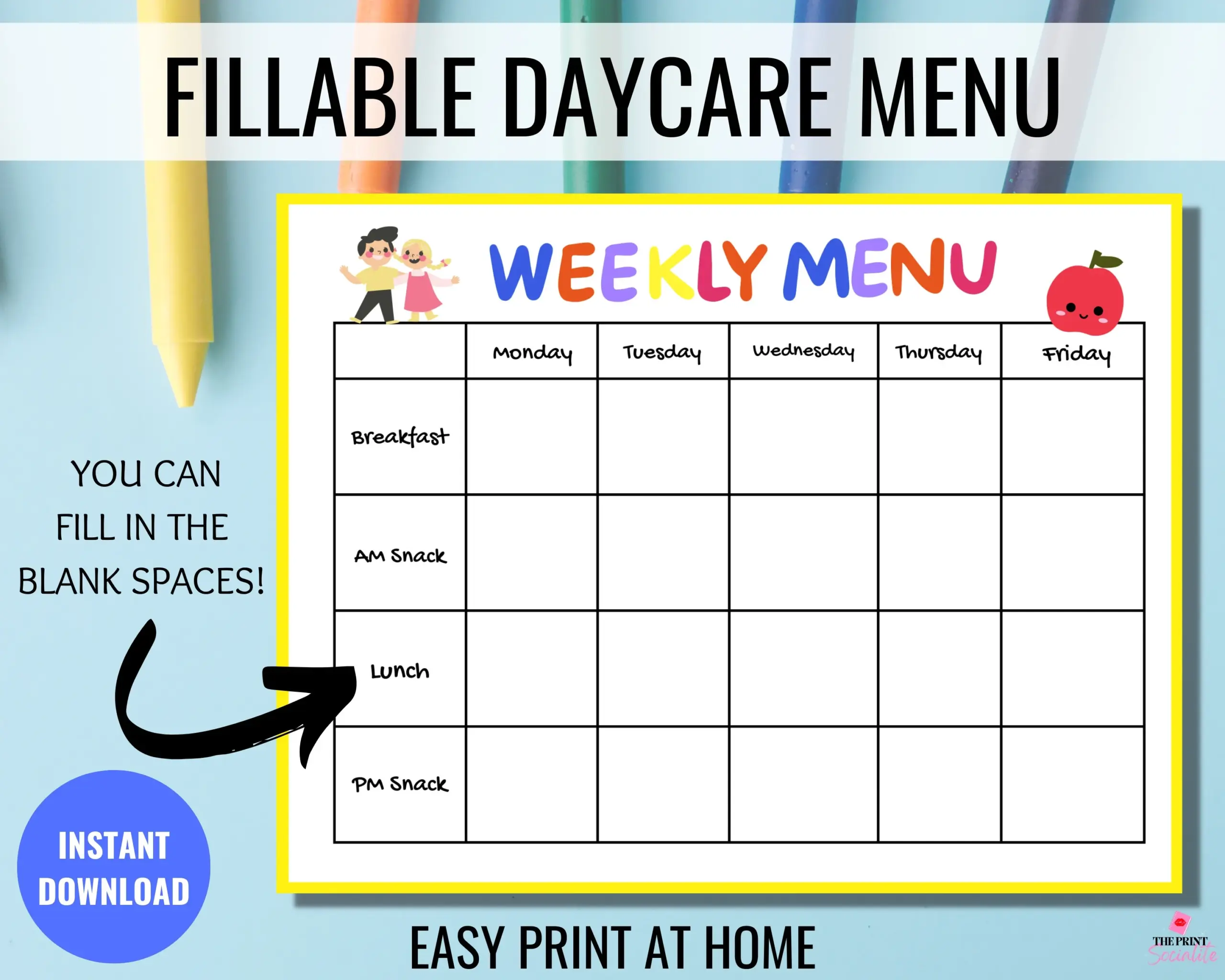 free printable daycare menus