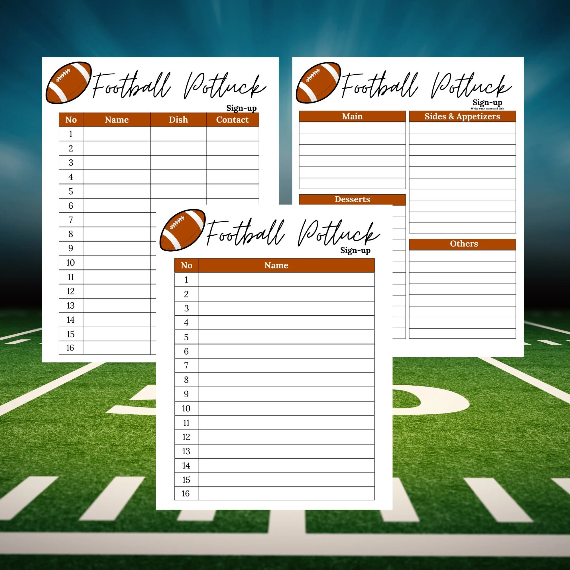 Football Potluck Sign Up Sheet Football