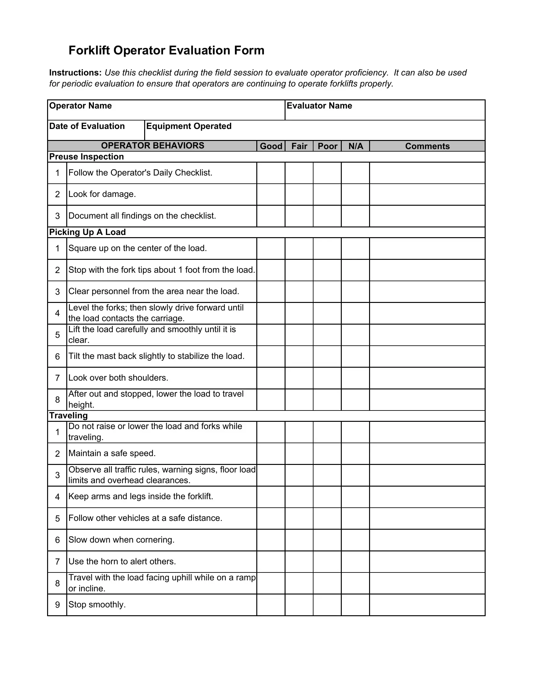 Forklift Evaluation Form Forklift Evaluation Form